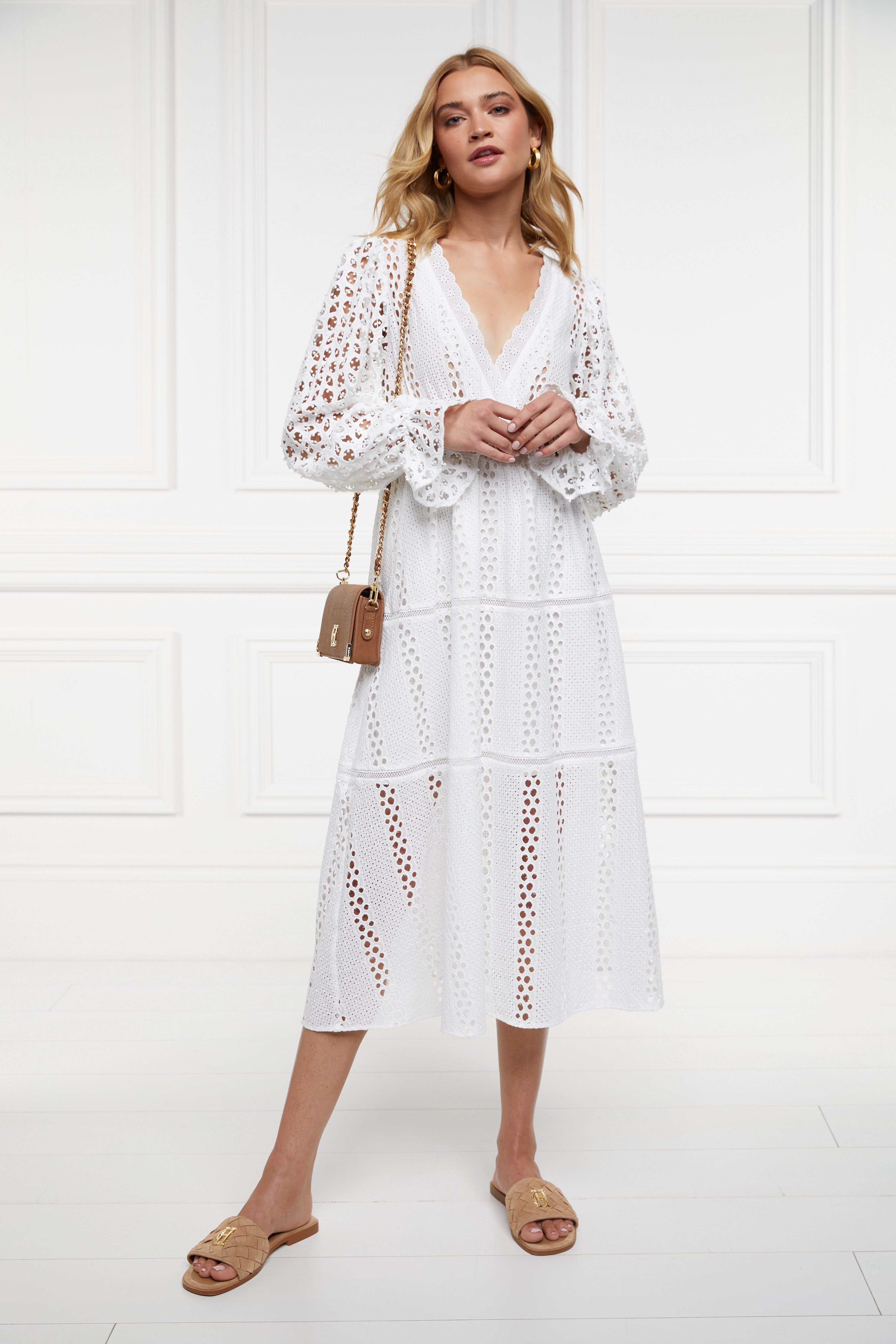 holland cooper lace dress Holland Cooper Women's Collarless Broderie Mini Dress - White