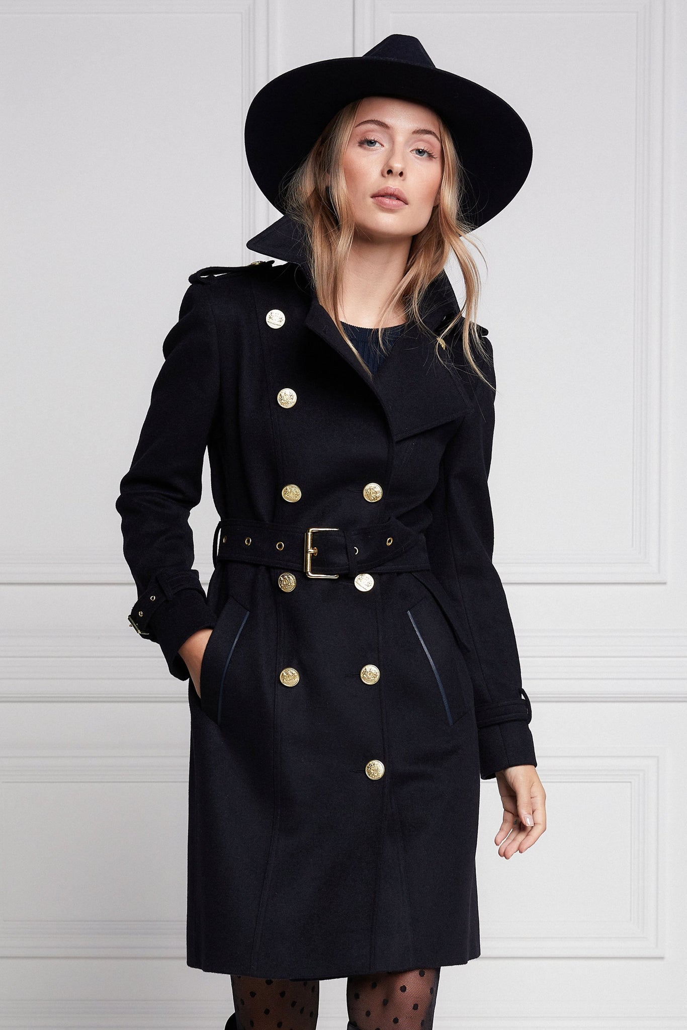 womens navy detailed with gold hardware knee length wool trench coat