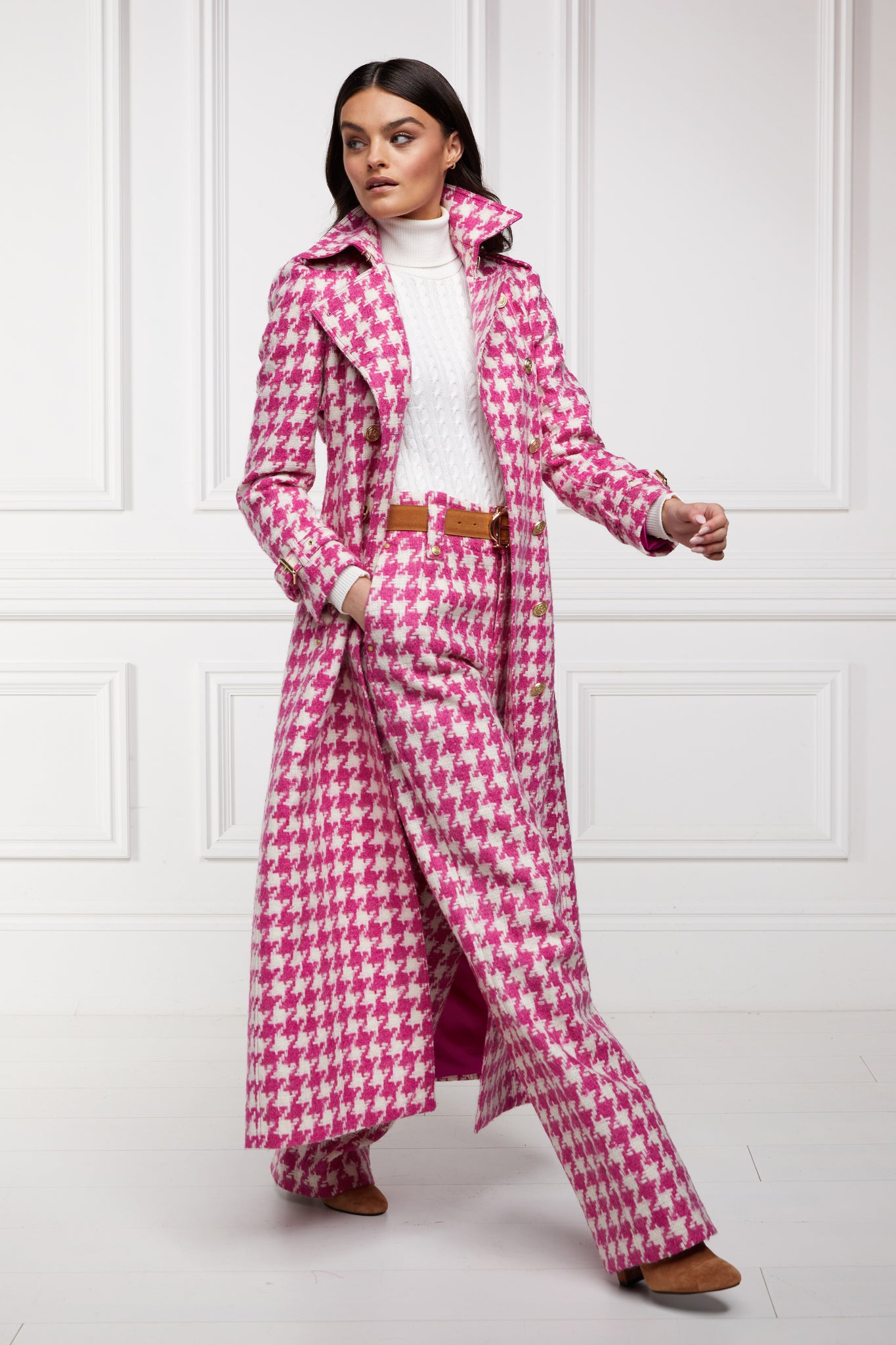 High Waisted Straight Trouser (Hot Pink Large Scale Houndstooth)