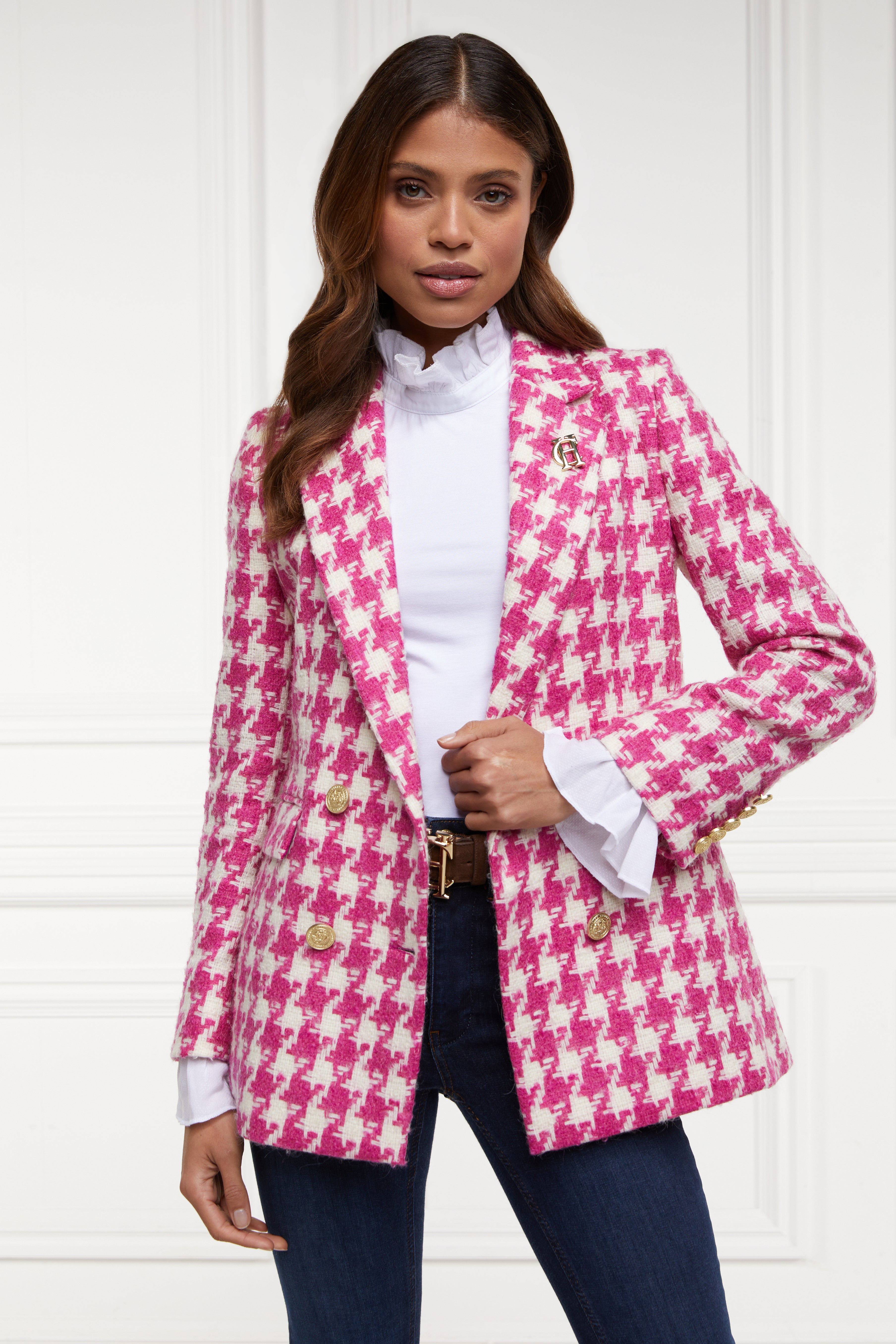 Double Breasted Blazer (Hot Pink Large Scale Houndstooth) – Holland Cooper ®
