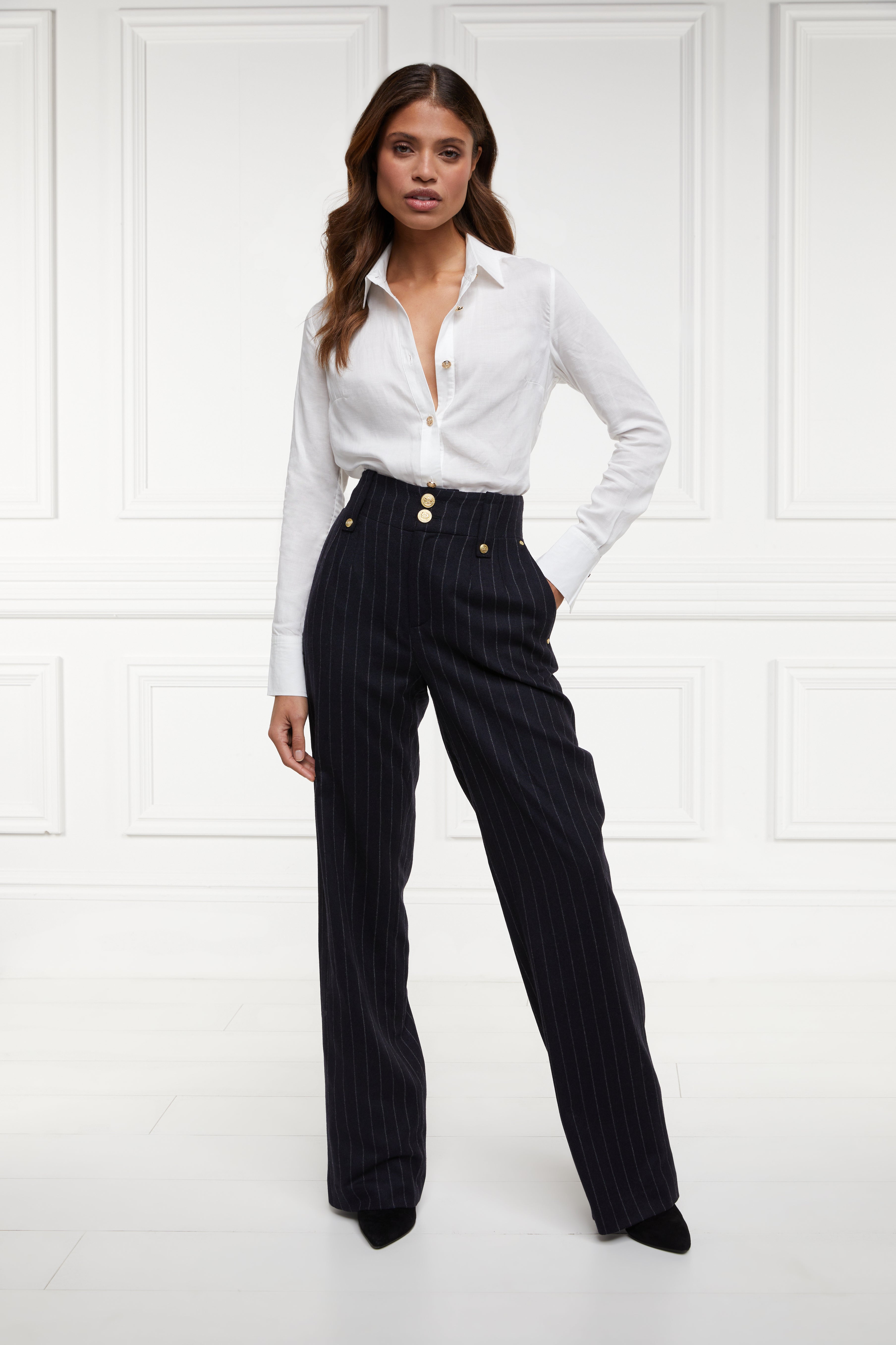 High Waisted Straight Trouser (Navy Chalk Pin Stripe) – Holland