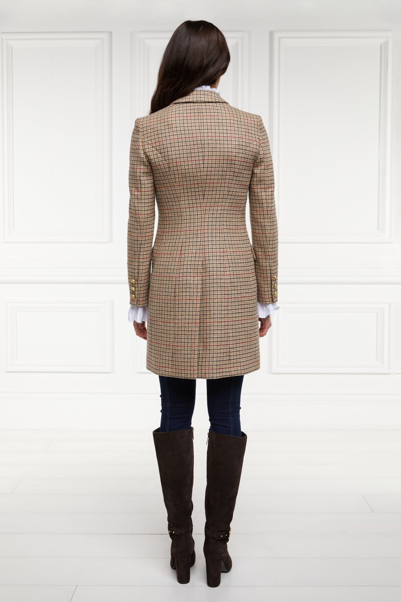 back of Light brown and red tweed womens wool mid length single breasted coat detailed with gold hardware