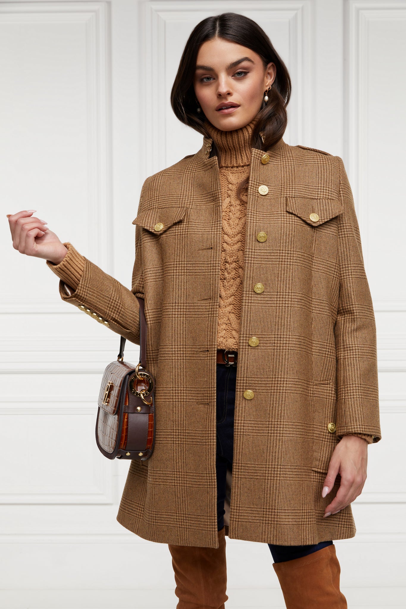 Womens light brown prince of wales front buttoned tweed cape coat