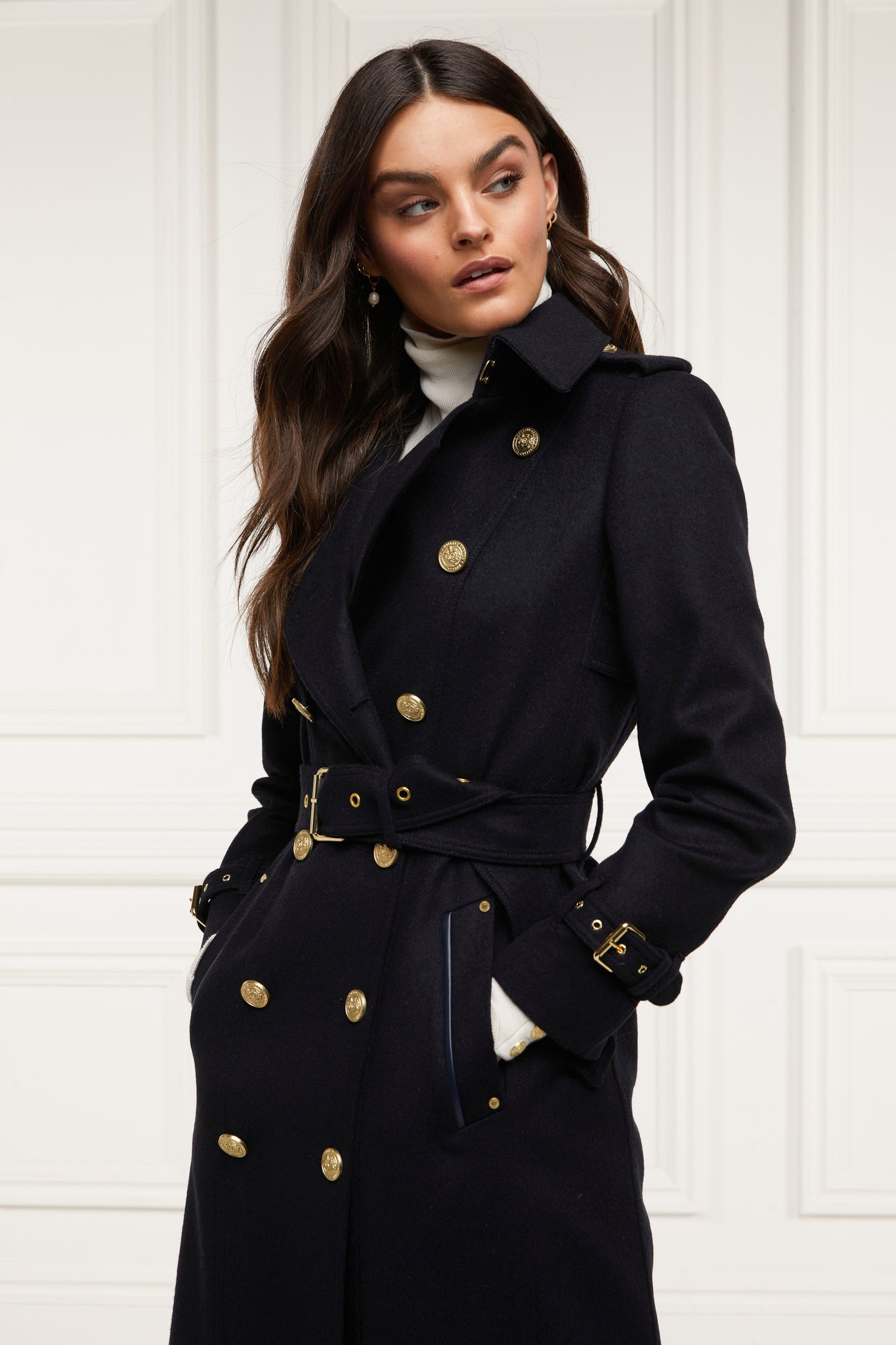 womens navy wool double breasted trench coat