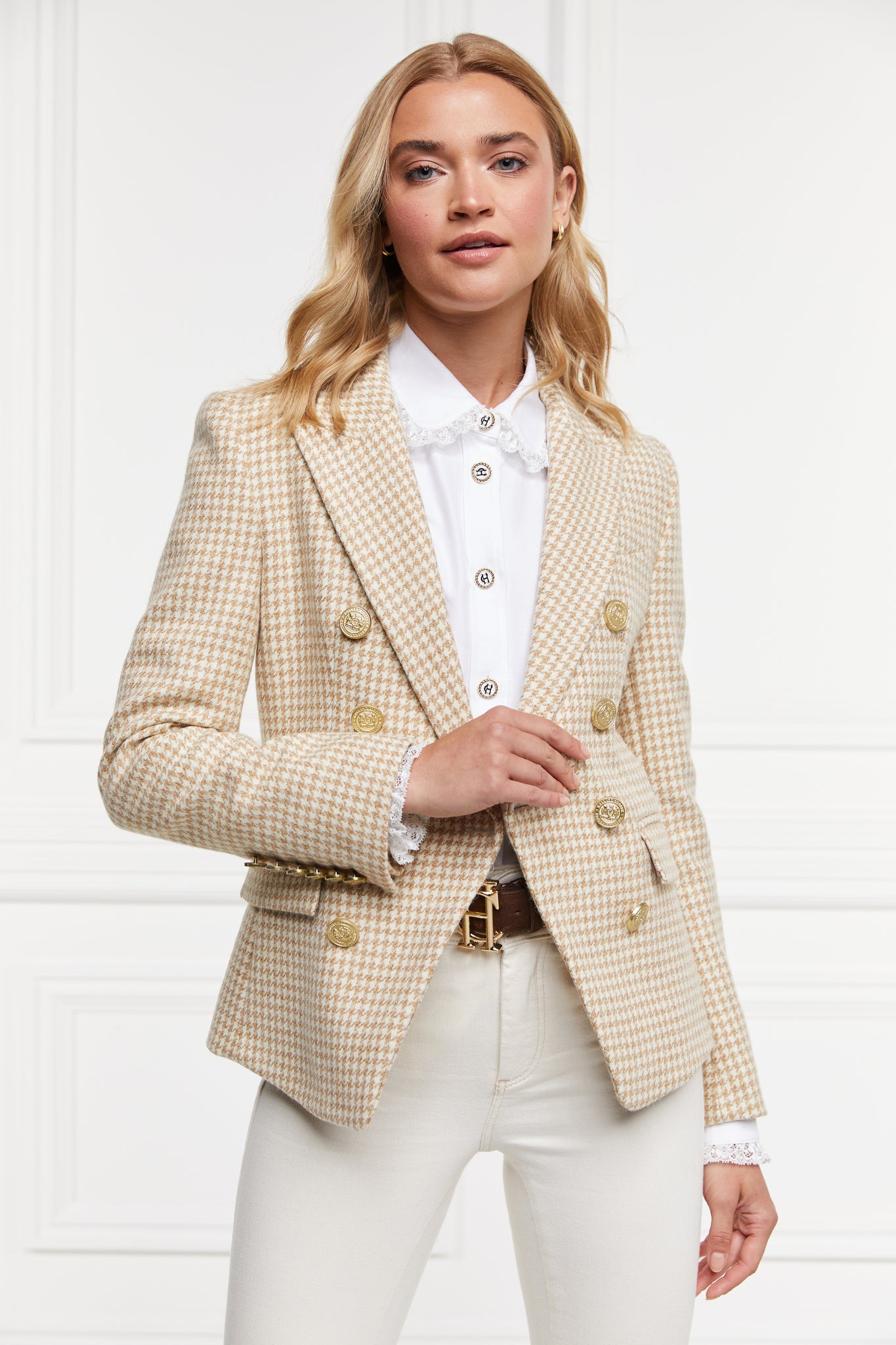 womens cream and white small scale houndstooth fitted double breasted blazer with single button fastening to the one central button for more form fitted tailored look finished with two pockets at hips and gold button details on front and cuffs