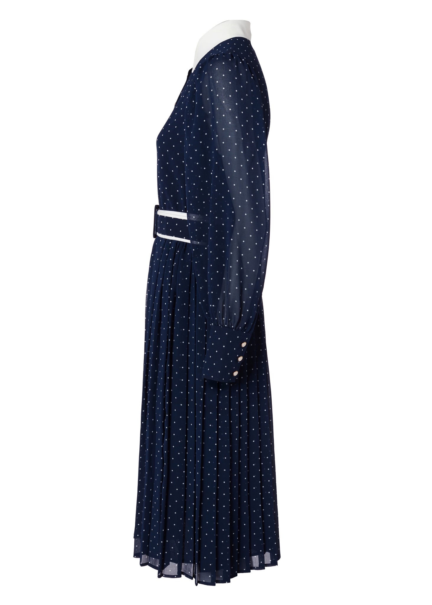 Annabel Pleated Midi Dress (Ink Navy Polka Dot)