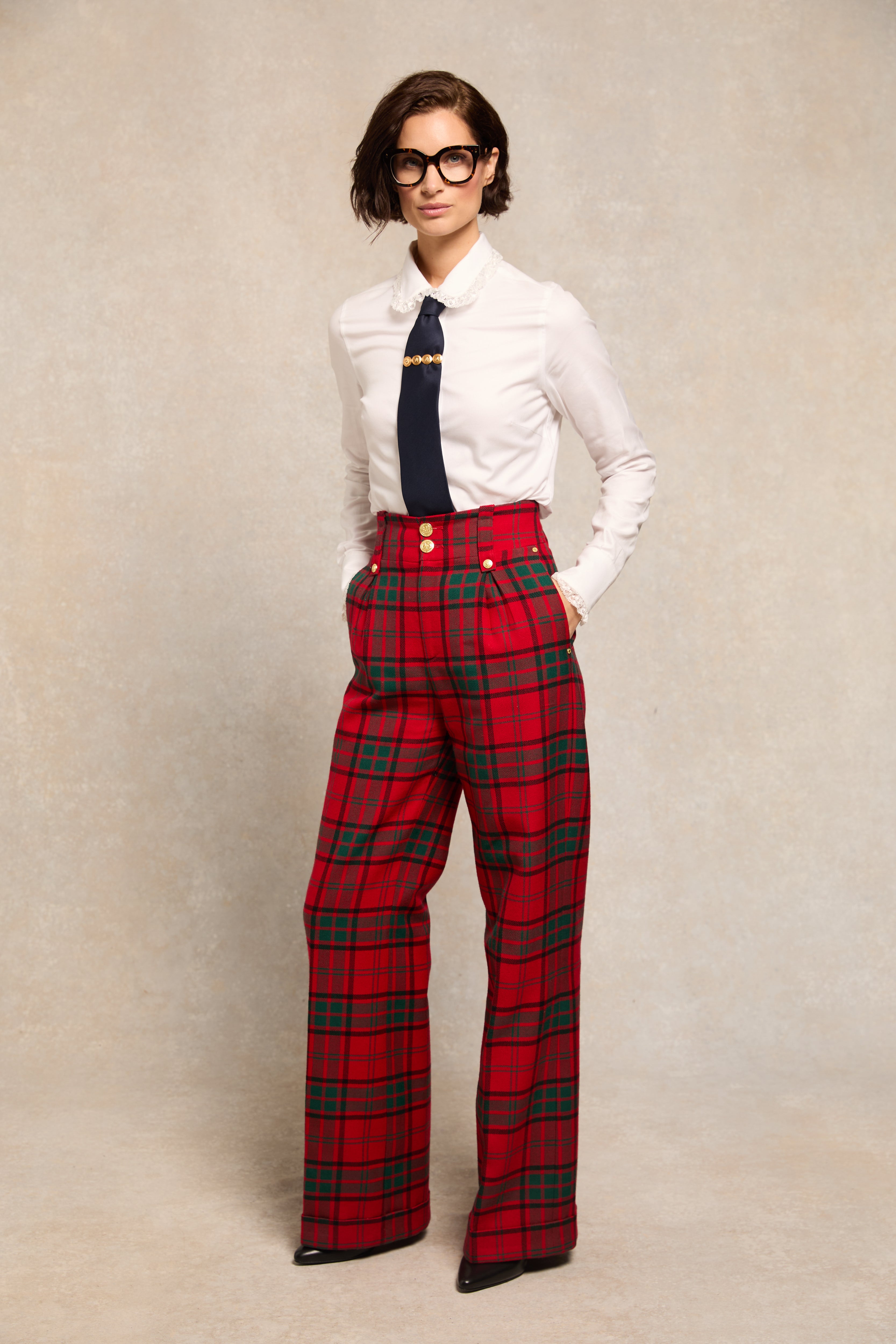 Suit Plaid Female Trousers High Waisted Wide Leg Trouser Turn Up