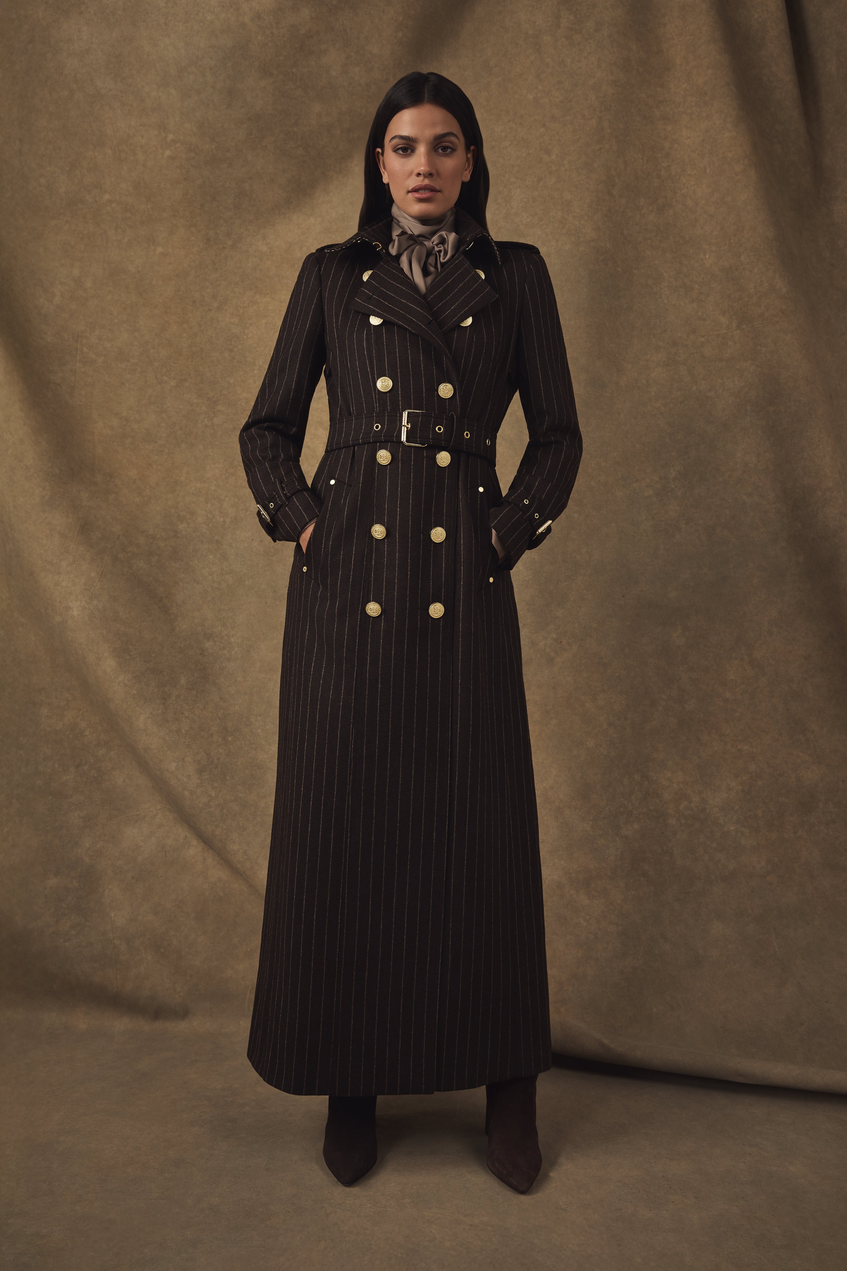 Full Length Marlborough Trench Coat (Chocolate Pinstripe
