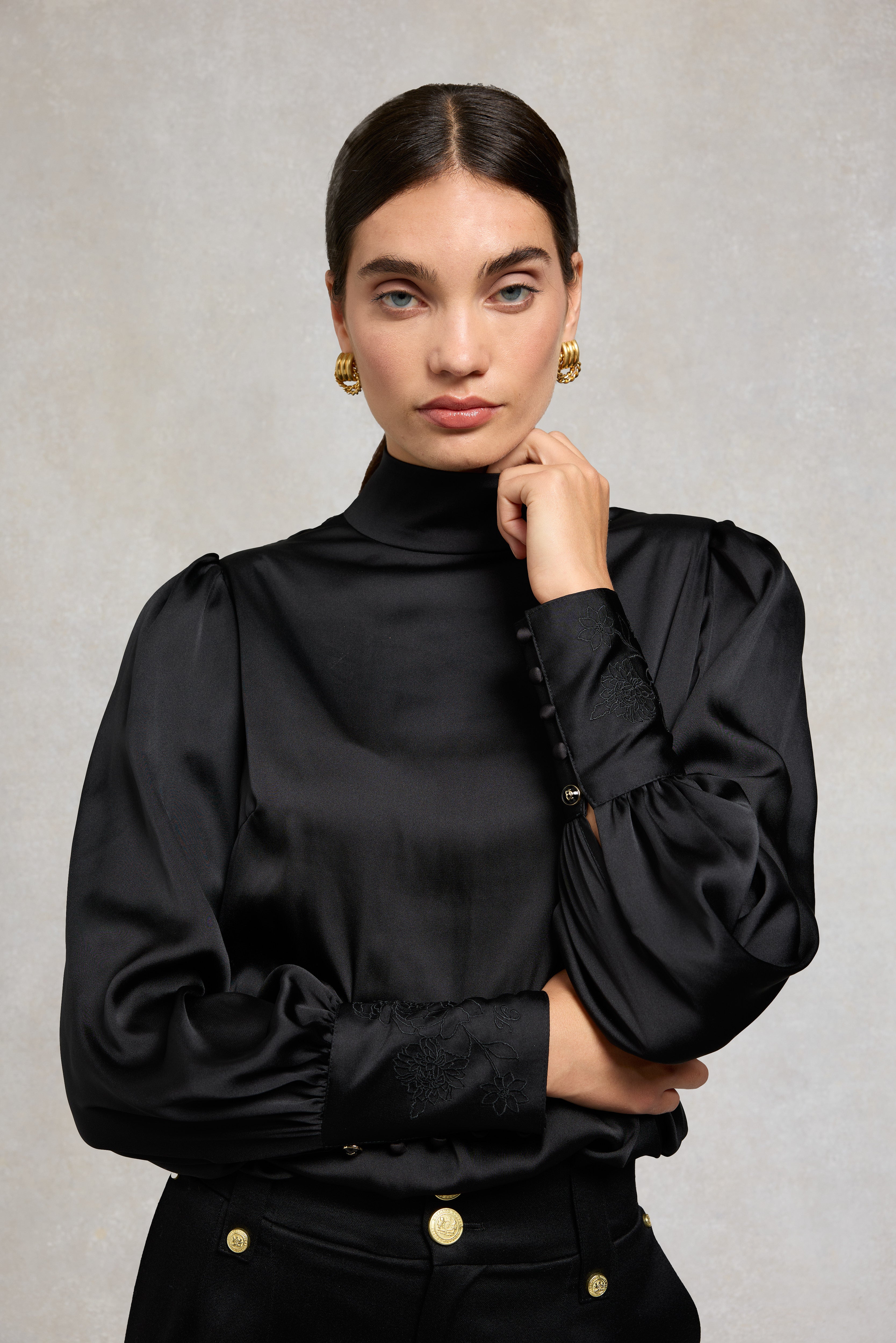 Carmen High Neck Blouse (Black Satin) – Holland Cooper ®