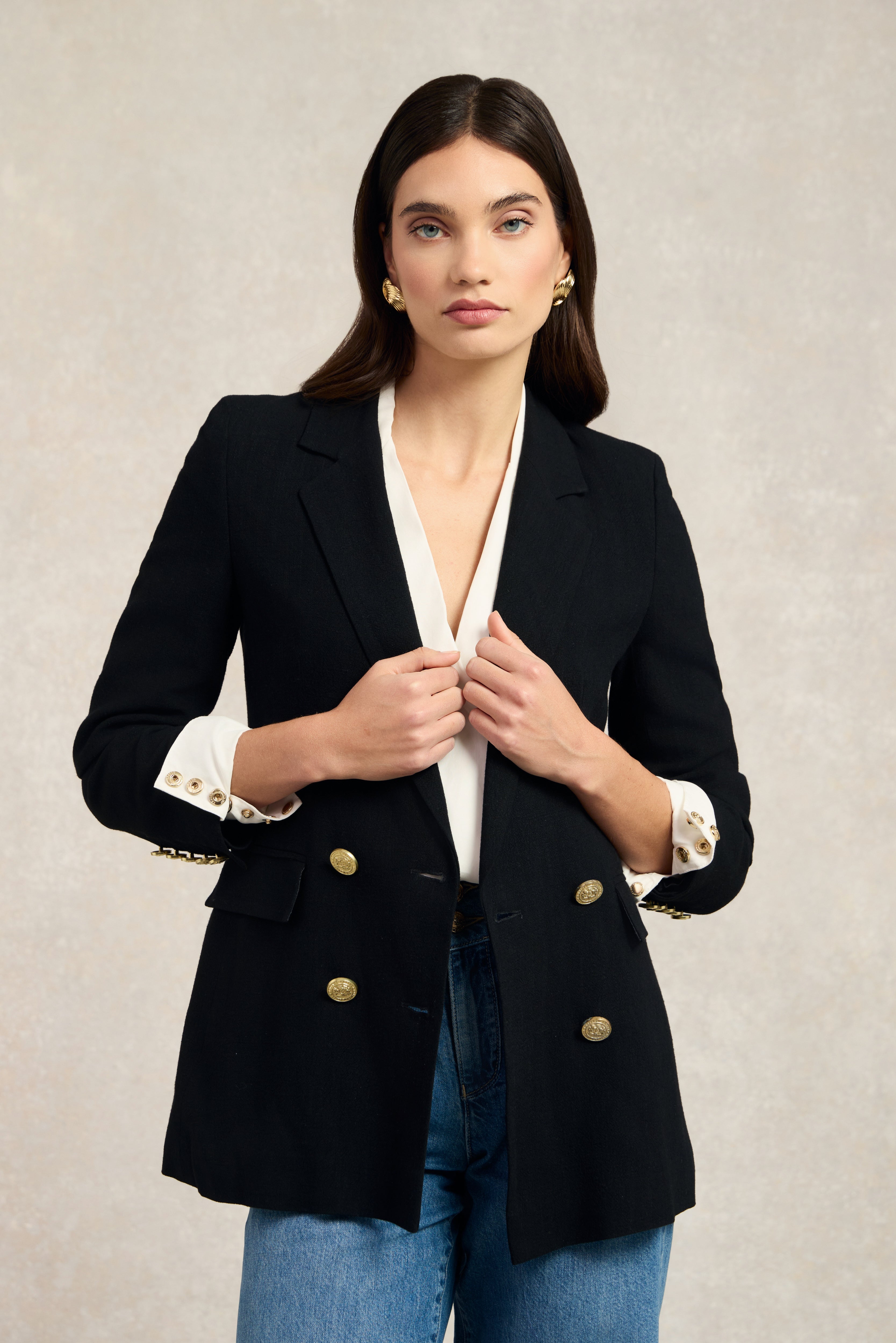 Double Breasted Blazer (Black Linen) - Main Image