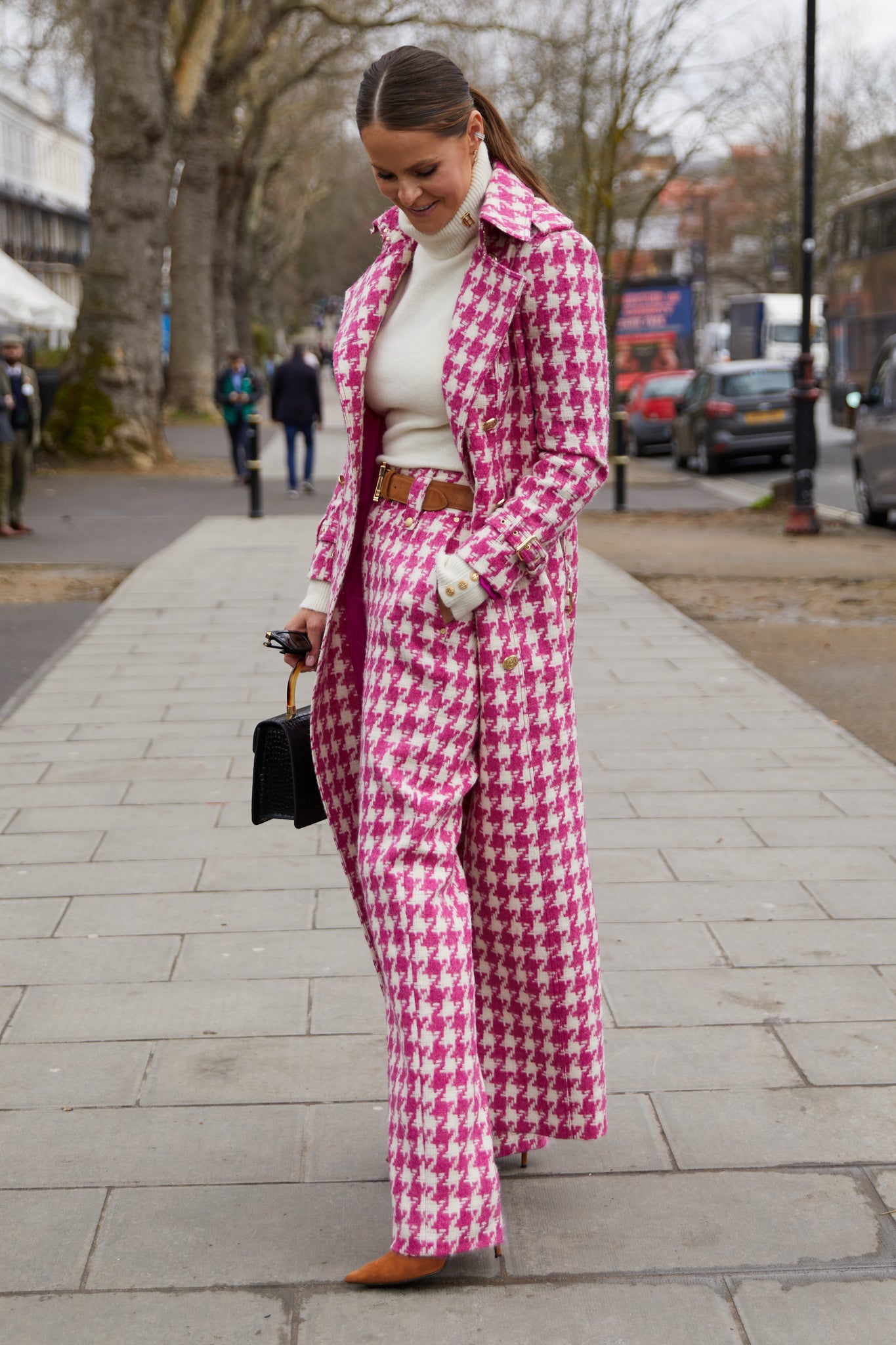 Full Length Marlborough Trench Coat (Hot Pink Large Scale Houndstooth)