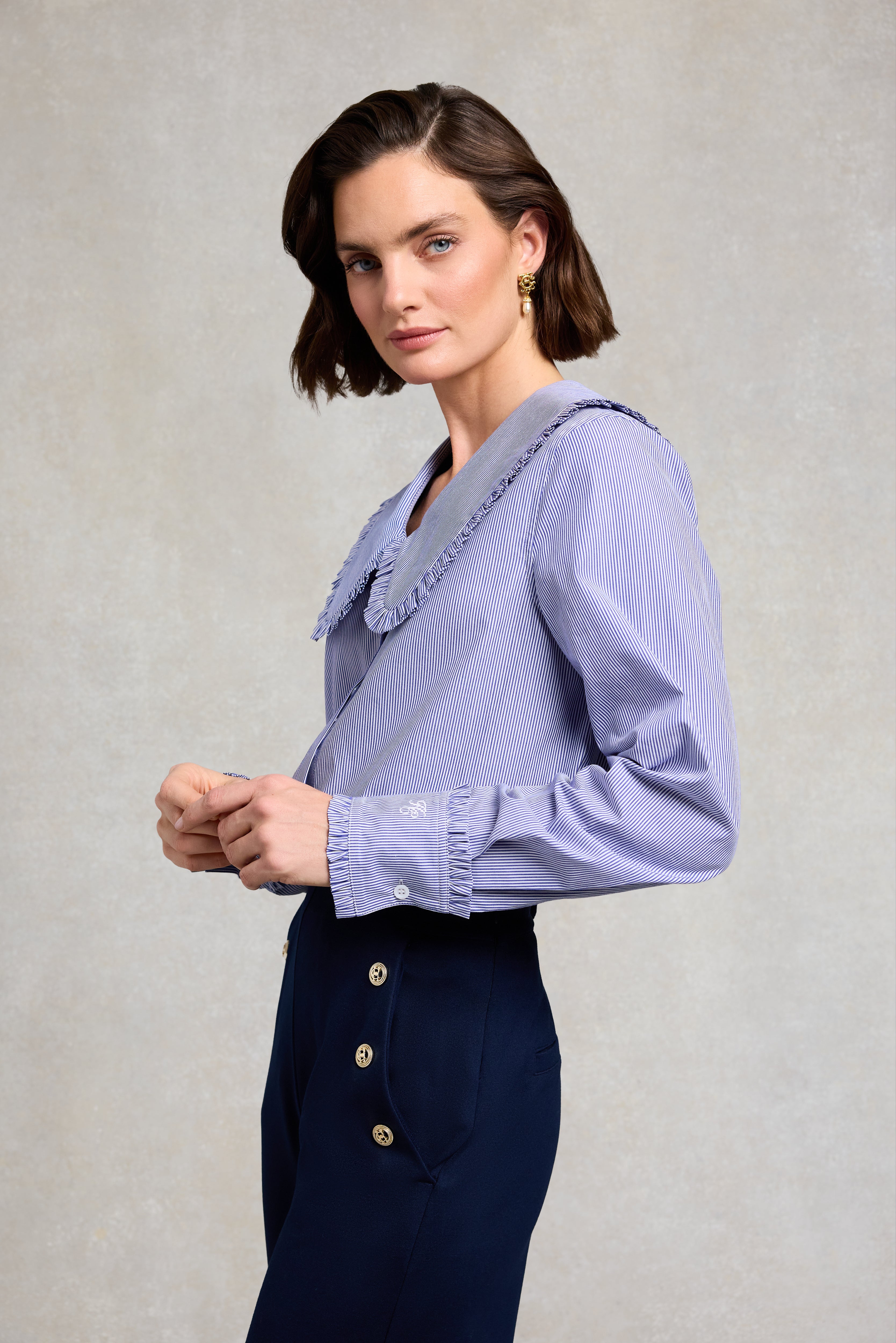 Clementine Ruffle Collar Shirt (Yacht Blue Stripe) – Holland Cooper ®