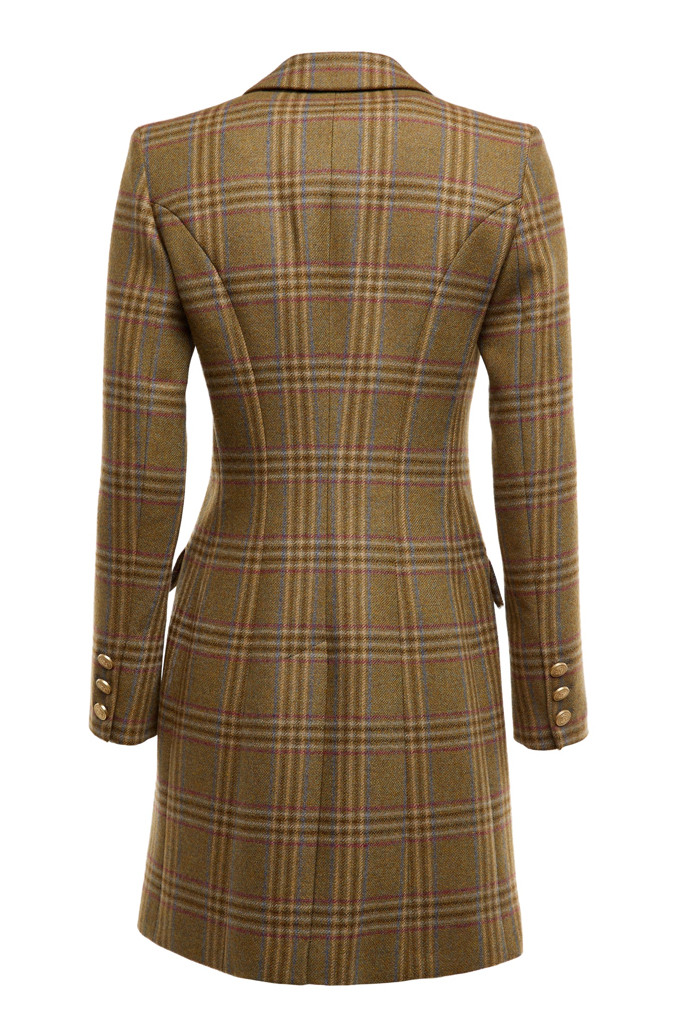 back of womens dark green tweed mid-length single breasted coat detailed with gold hardware