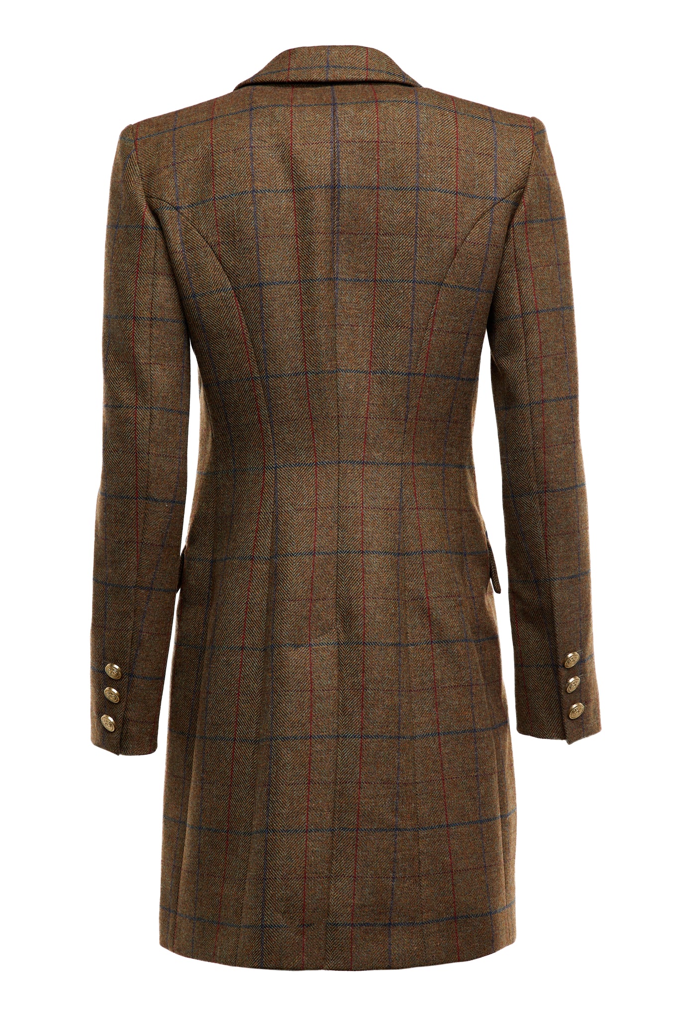 back of womens dark green and navy tweed mid-length single breasted coat detailed with gold hardware