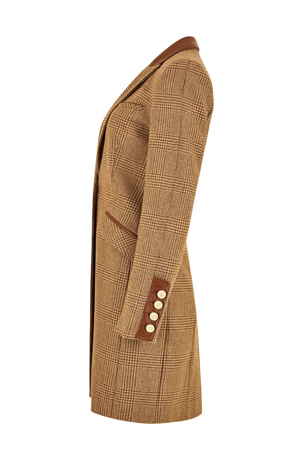 side of tan brown tweed womens coat with gold hardware and brown suede detailing