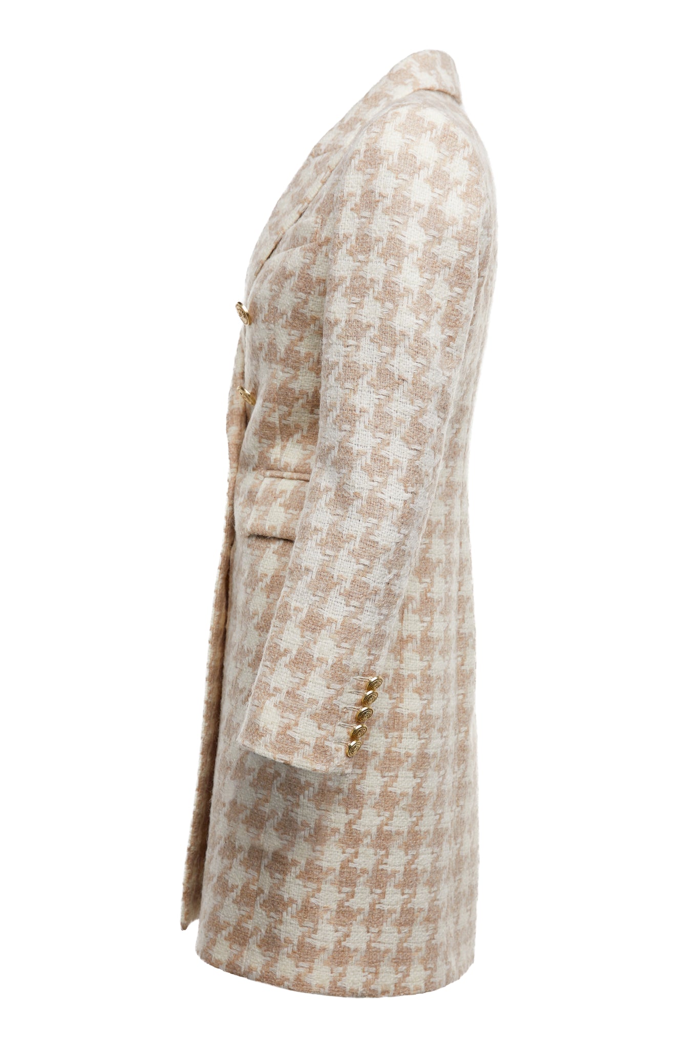 side of camel and cream houndstooth wool womens coat with gold hardware