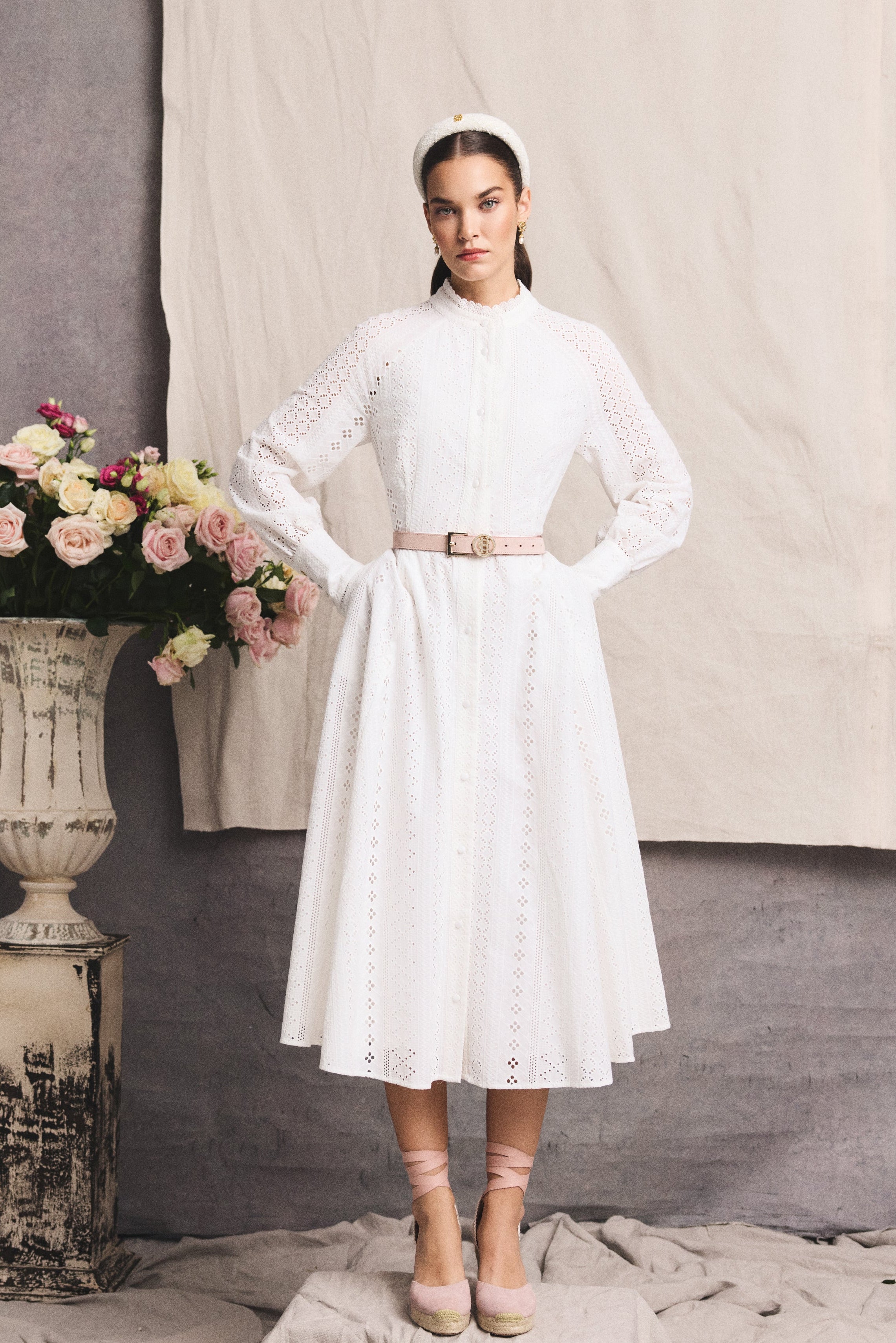 Aimee Collarless Broderie Dress (White)