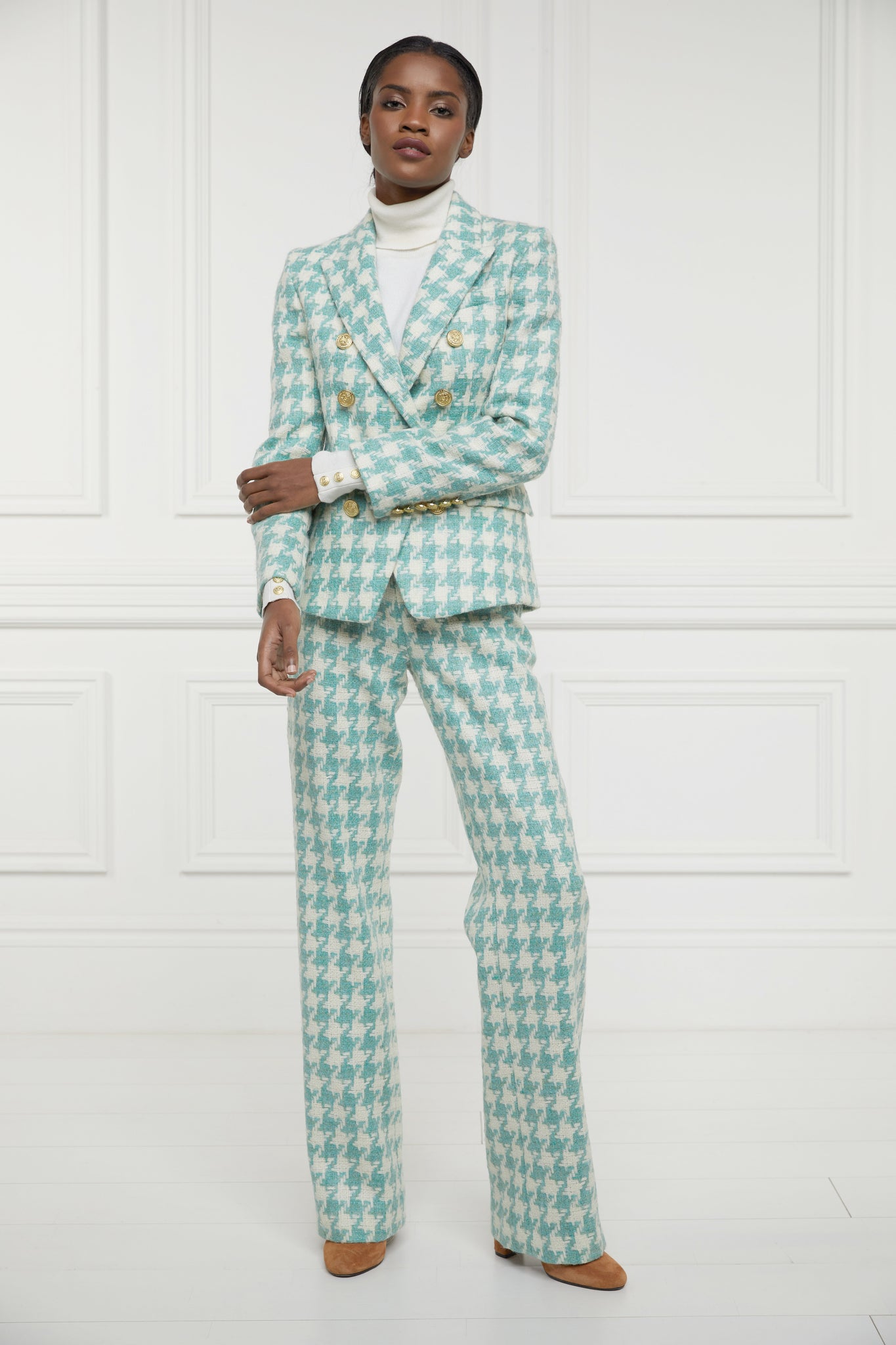 High Waisted Straight Trouser (Large Scale Teal Houndstooth)