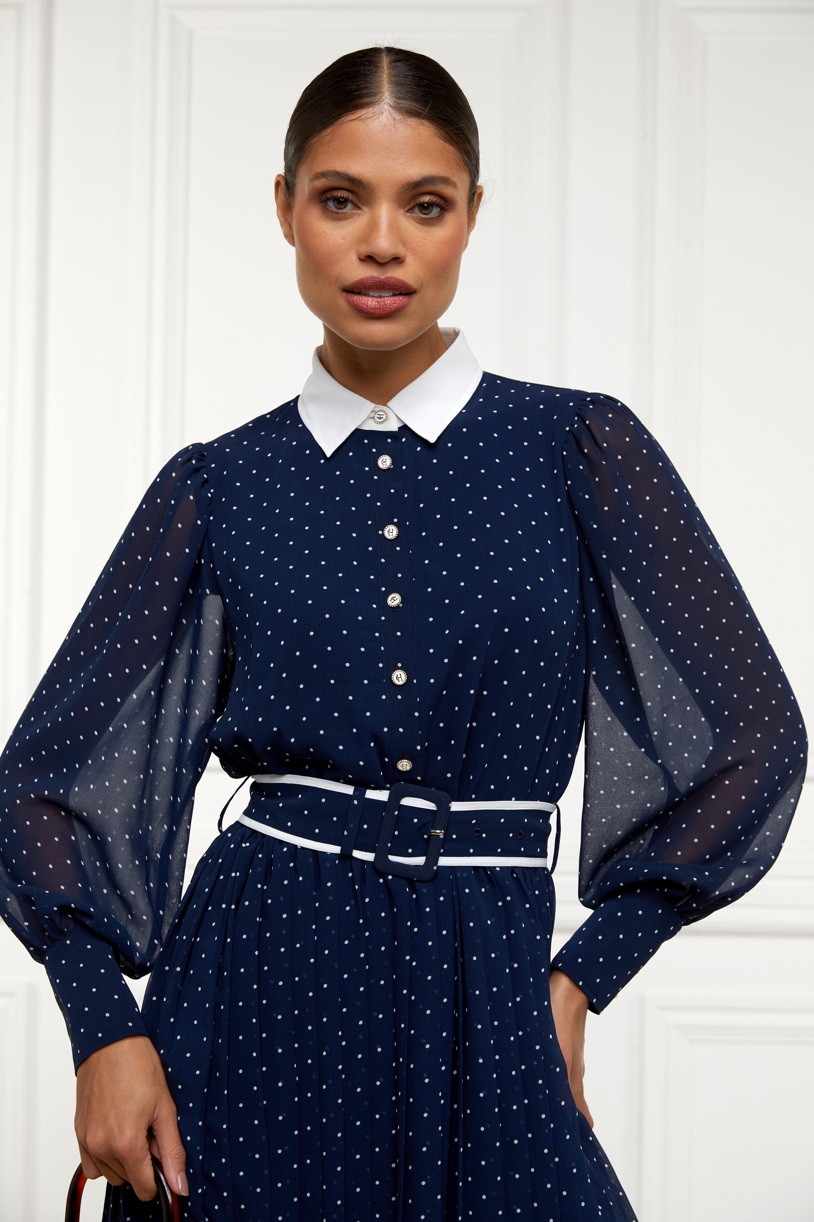 Annabel Pleated Midi Dress (Ink Navy Polka Dot) – Holland Cooper