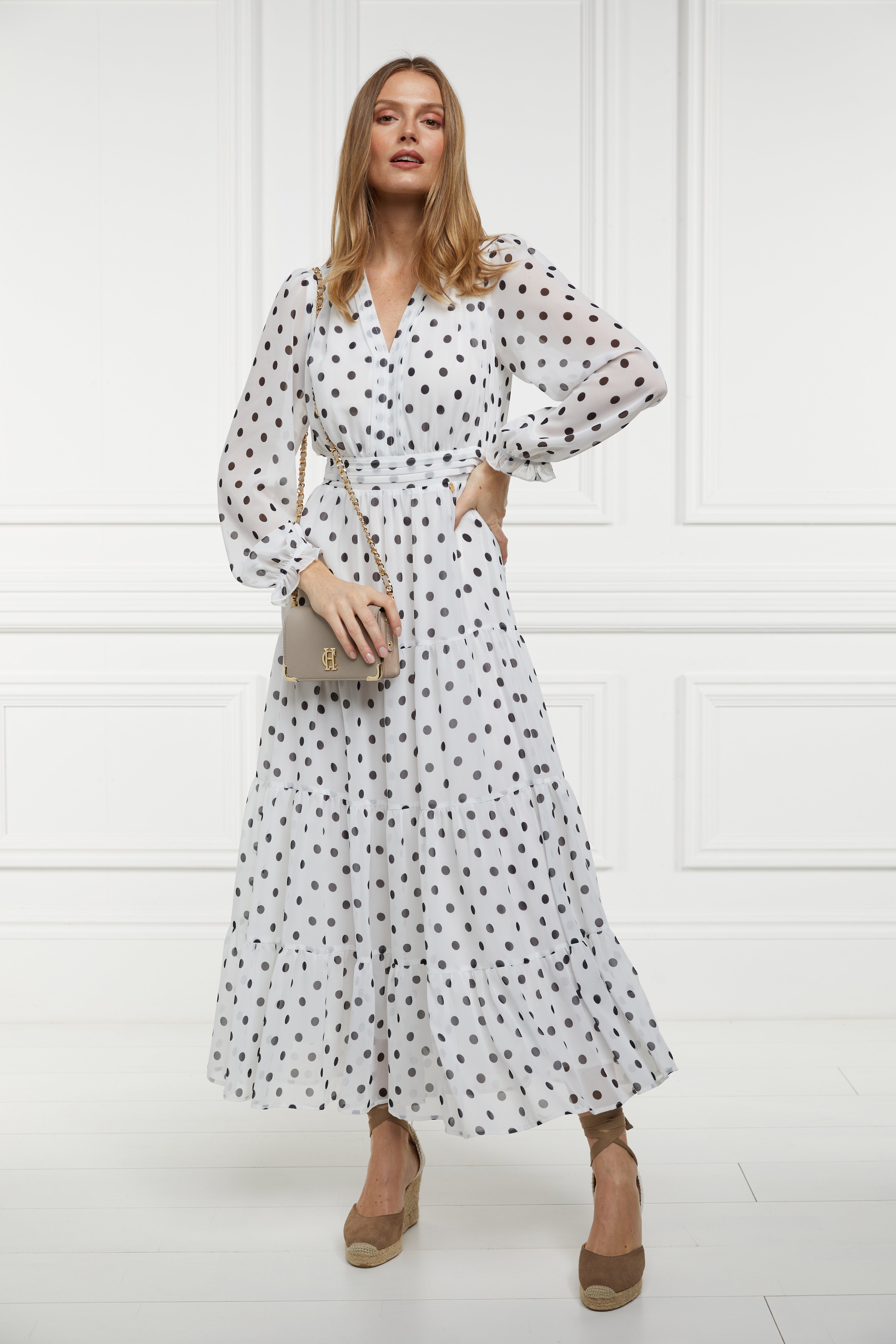 Bella Tiered Maxi Dress (White Black Polka Dot) – Holland Cooper