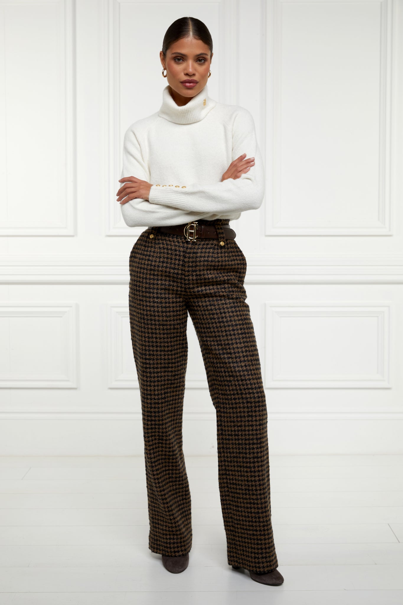 High Waisted Straight Trouser (Chocolate Houndstooth)