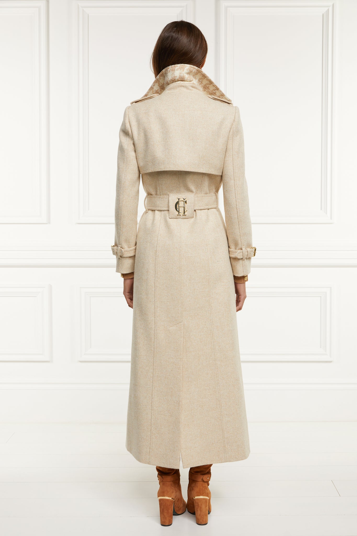 Back detail on womens camel and cream weave wool double breasted full length trench coat