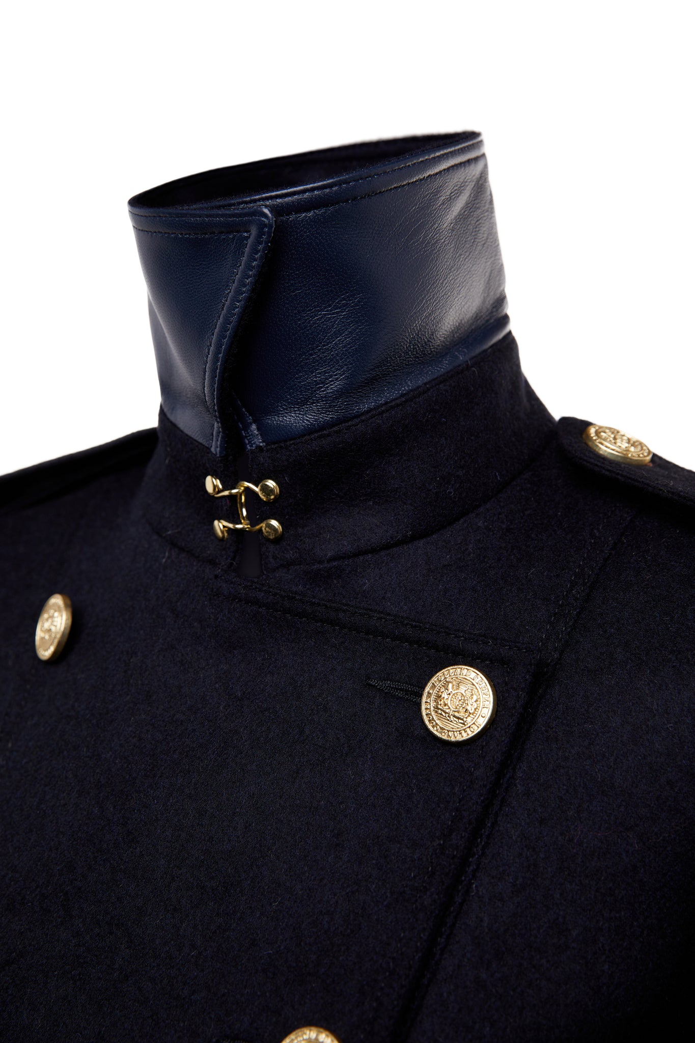 navy leather under collar detail on womens navy wool double breasted trench coat