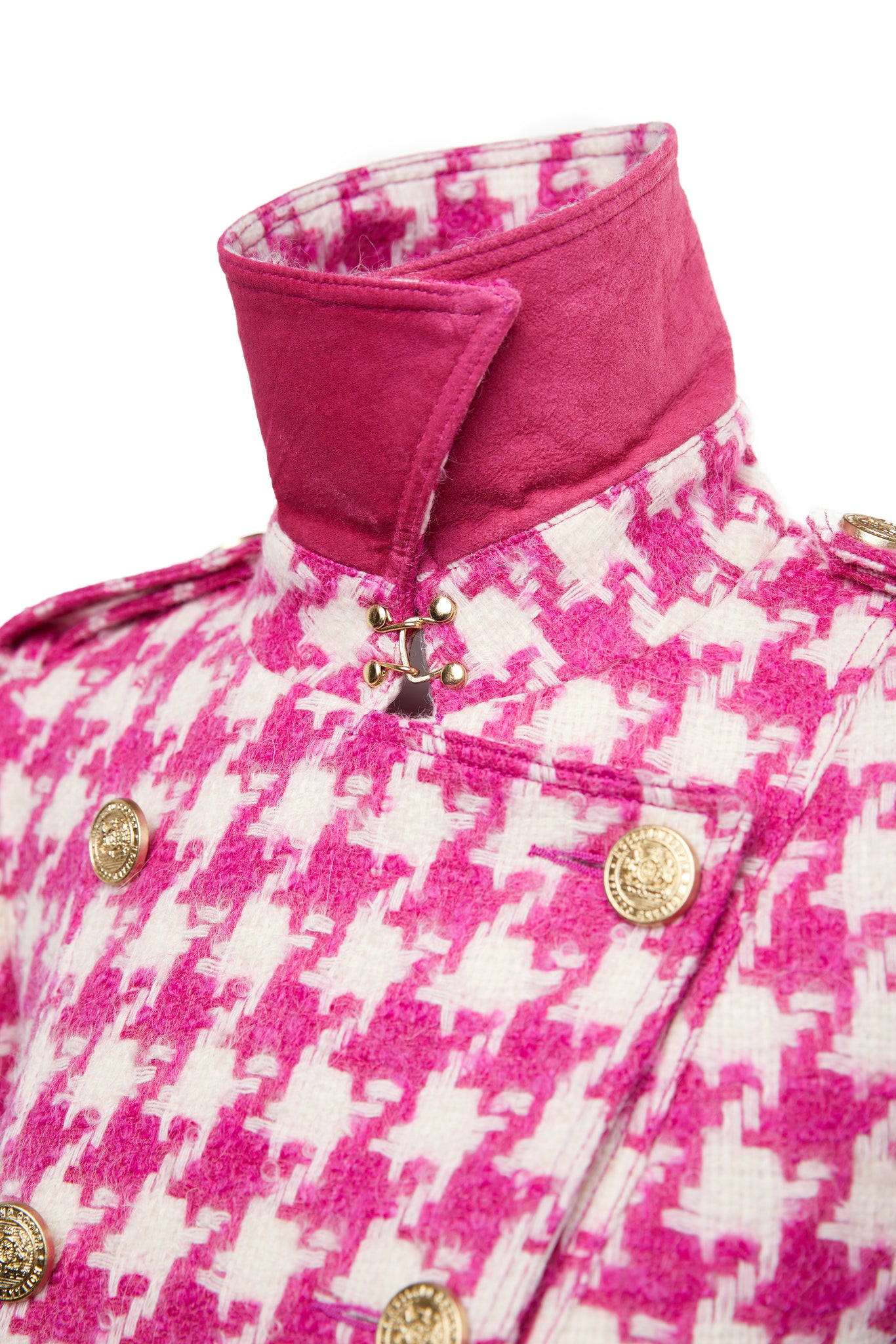 hot pink suede under collar detail on womens hot pink and cream houndstooth double breasted full length trench coat