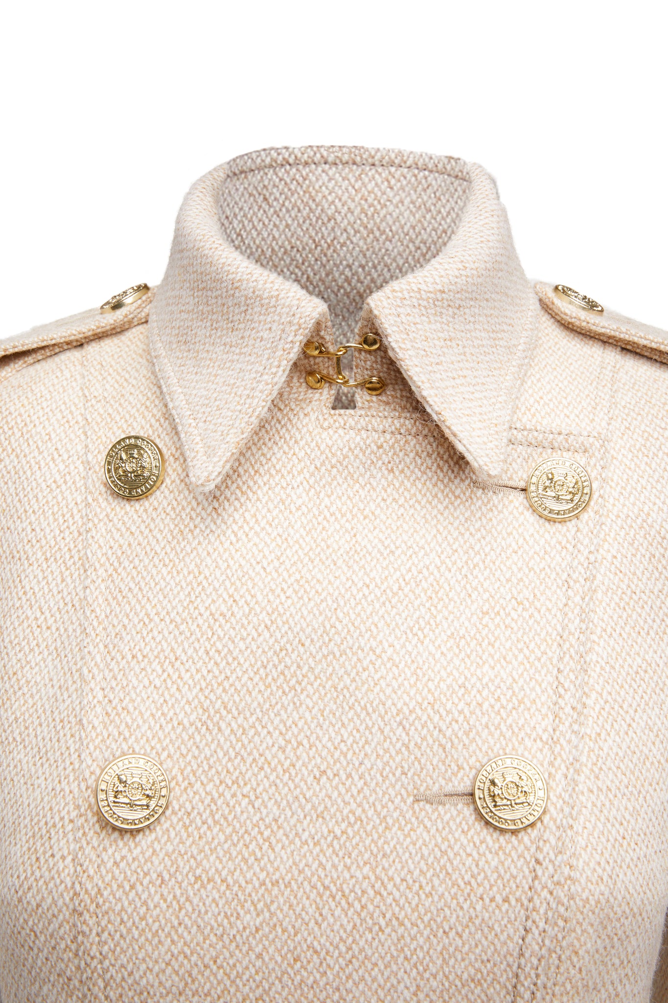collar detail of womens camel and cream weave wool double breasted full length trench coat