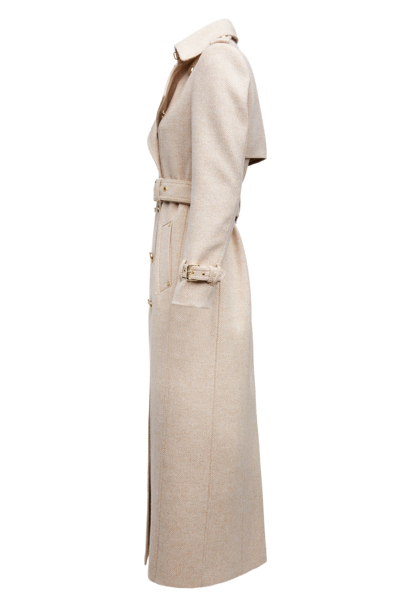 side of womens camel and cream weave wool double breasted full length trench coat