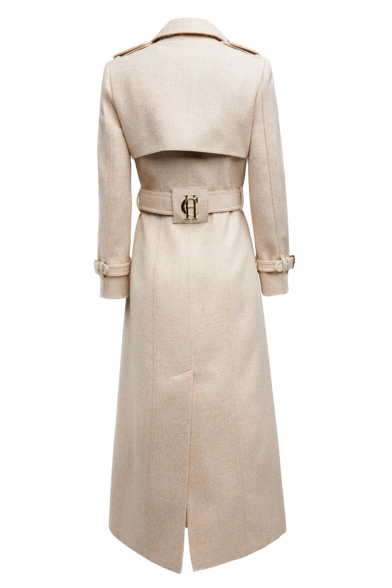 back of womens camel and cream weave wool double breasted full length trench coat