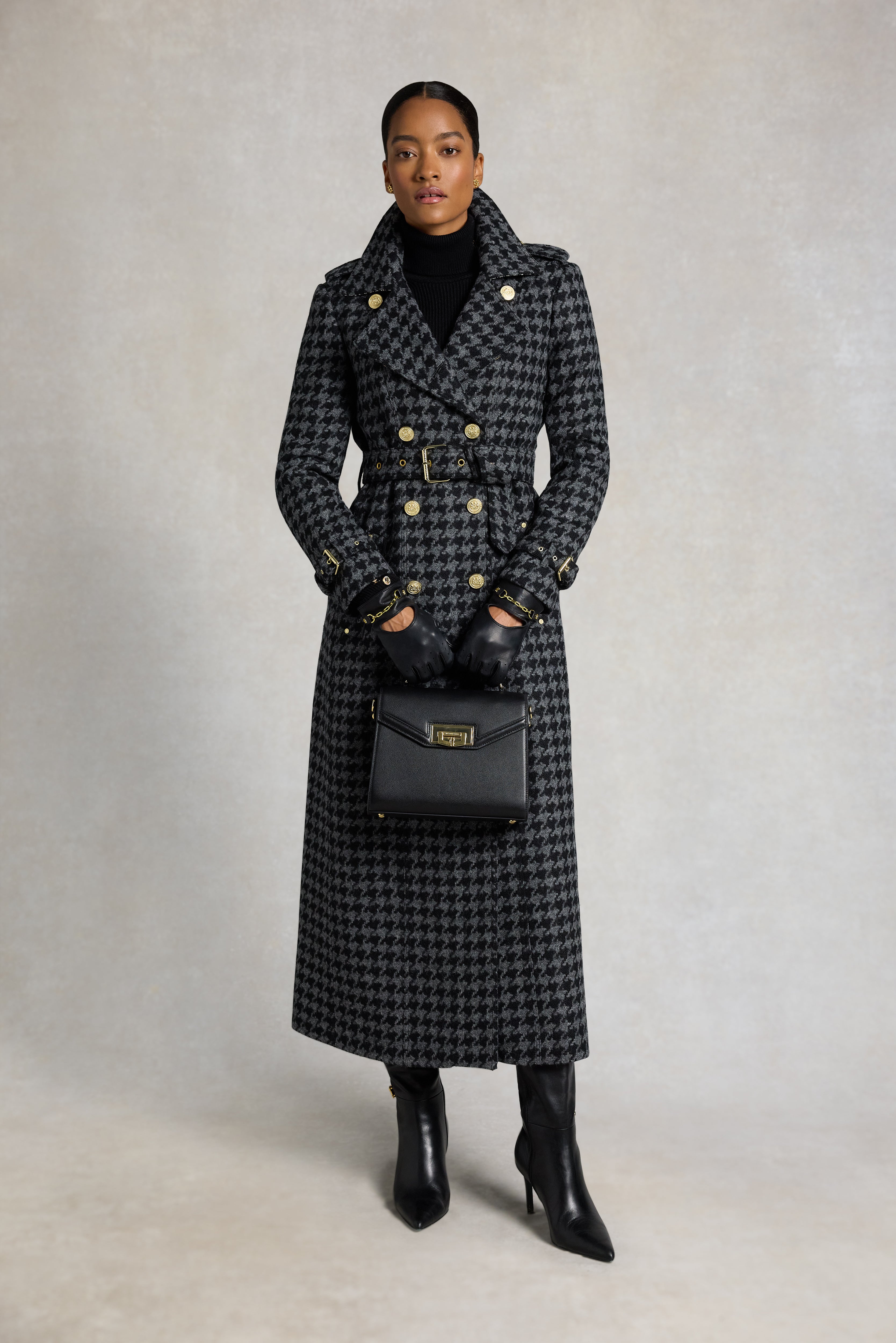 Full Length Chelsea Trench Coat (Large Scale Charcoal Houndstooth