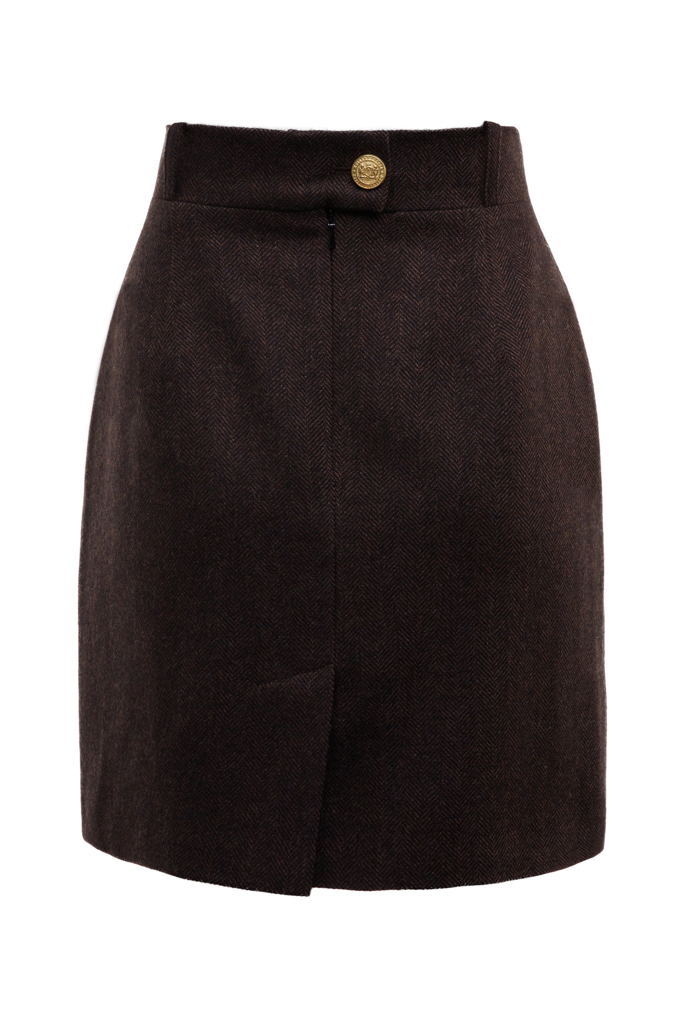 back of womens brown wool pencil mini skirt with concealed zip fastening on centre back with gold hc button above zip
