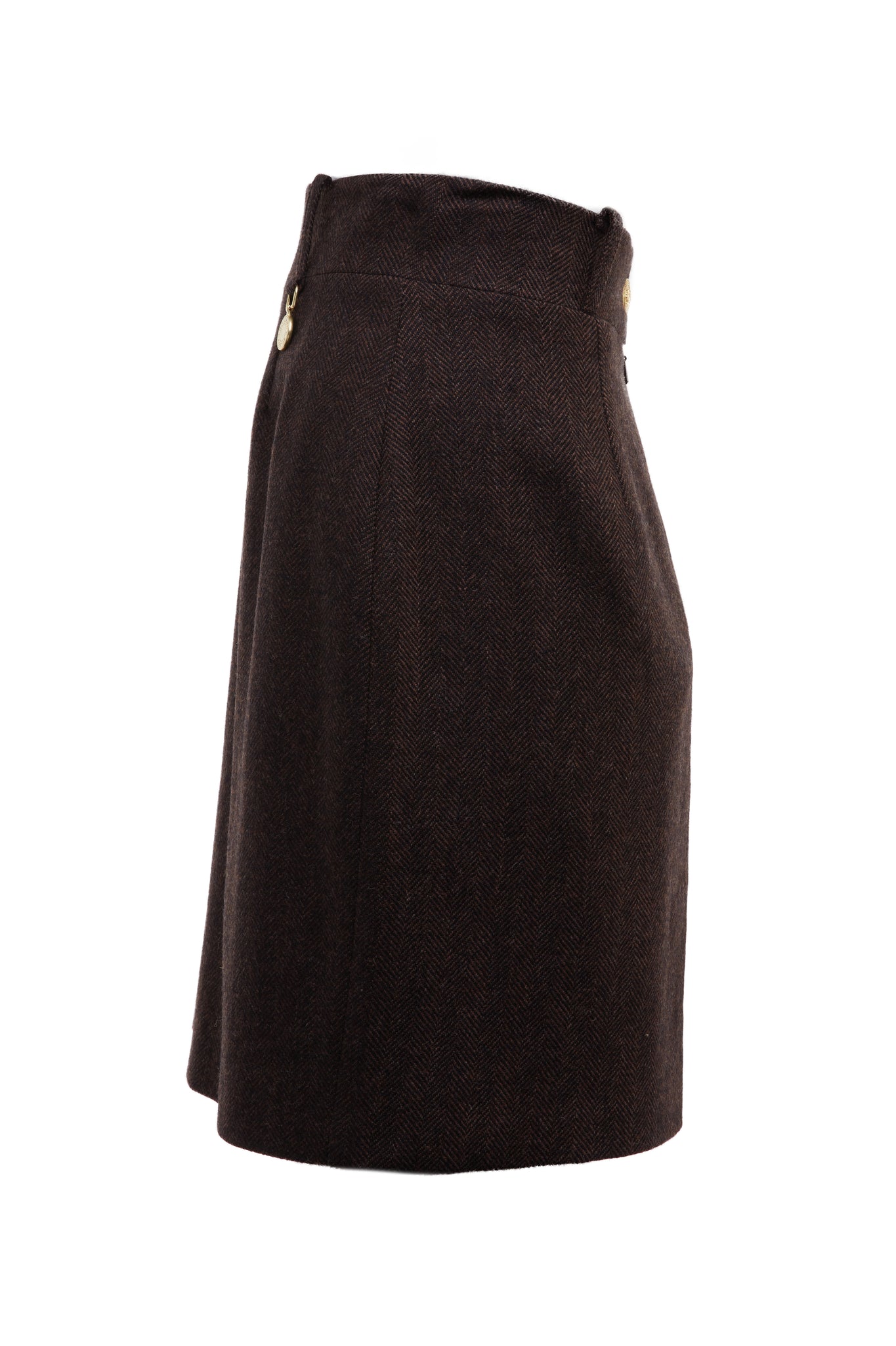 side of womens brown wool pencil mini skirt with concealed zip fastening on centre back with gold hc button above zip