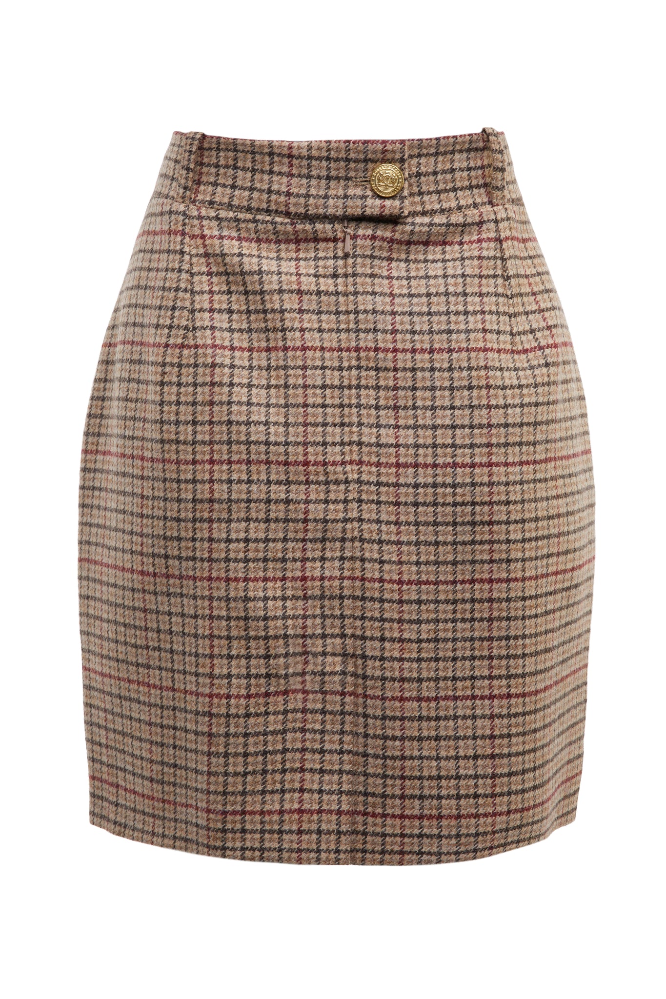 back of womens light brown and red tweed pencil mini skirt with concealed zip fastening on centre back with gold hc button above zip