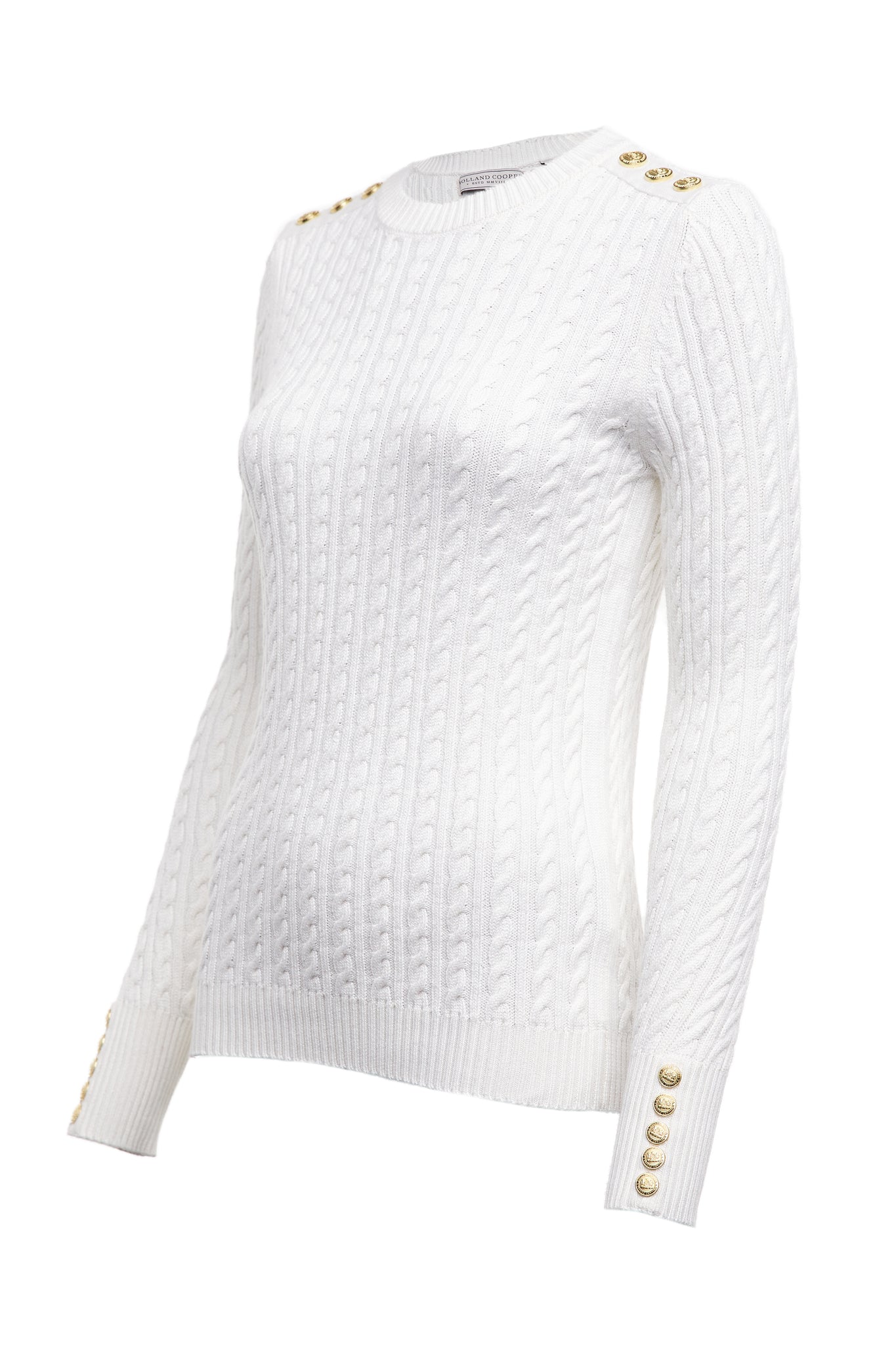womens cable knit jumper in white with ribbed crew neck cuffs and hem