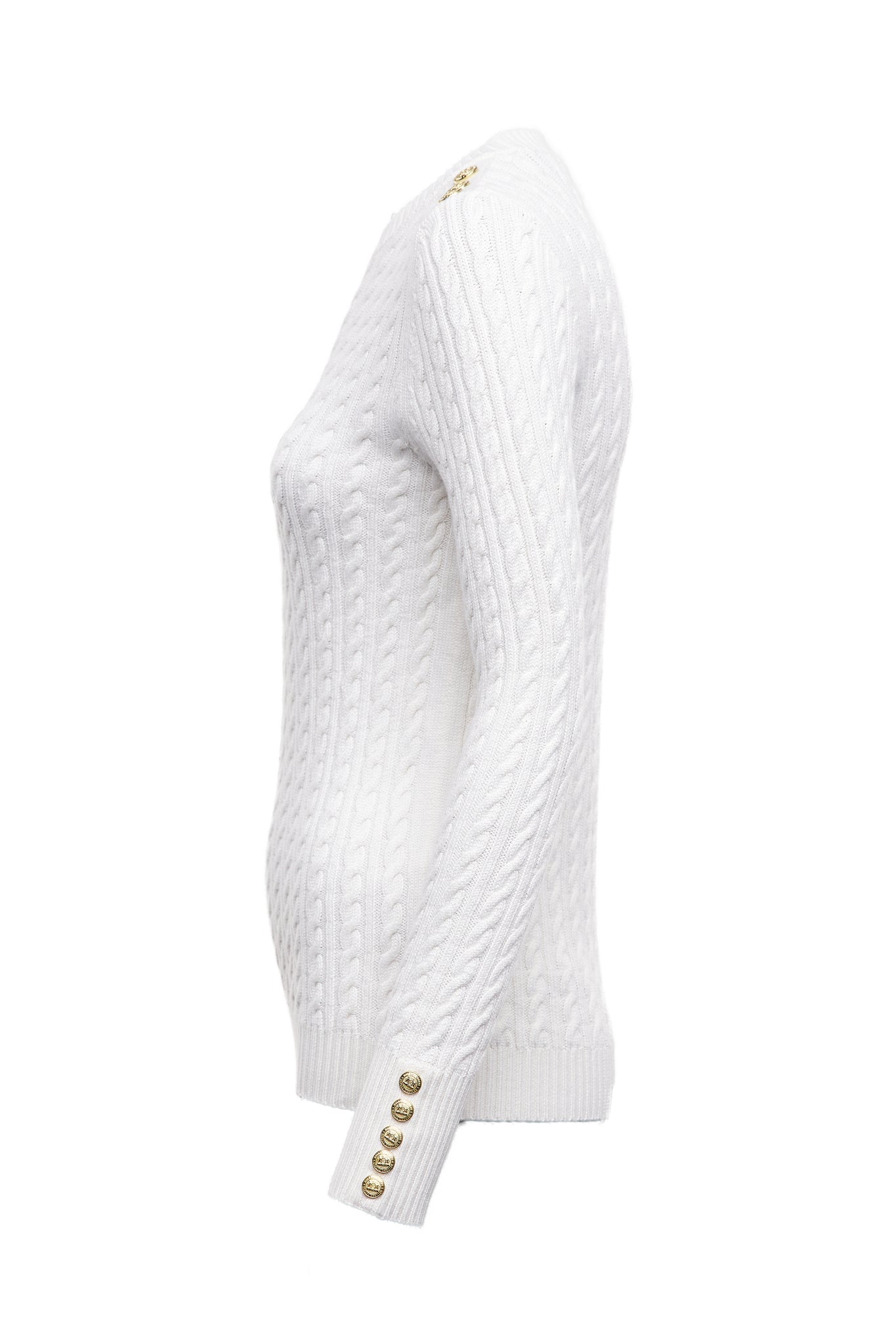 side of womens cable knit jumper in white with ribbed crew neck cuffs and hem