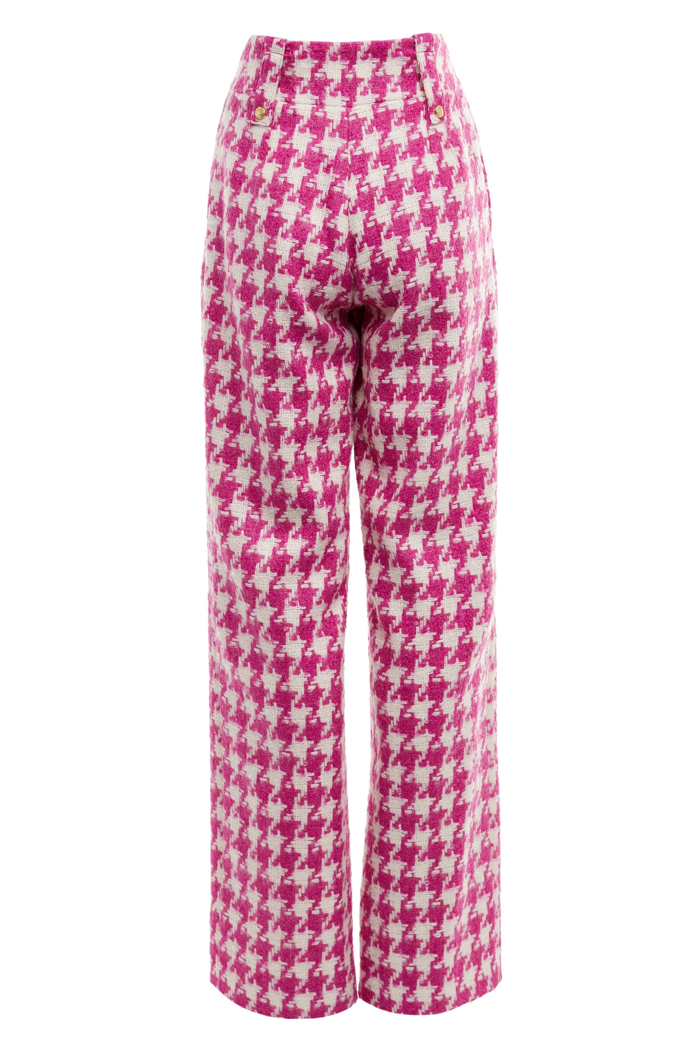 Back of Women's hot pink houndstooth wool high waisted straight trousers 