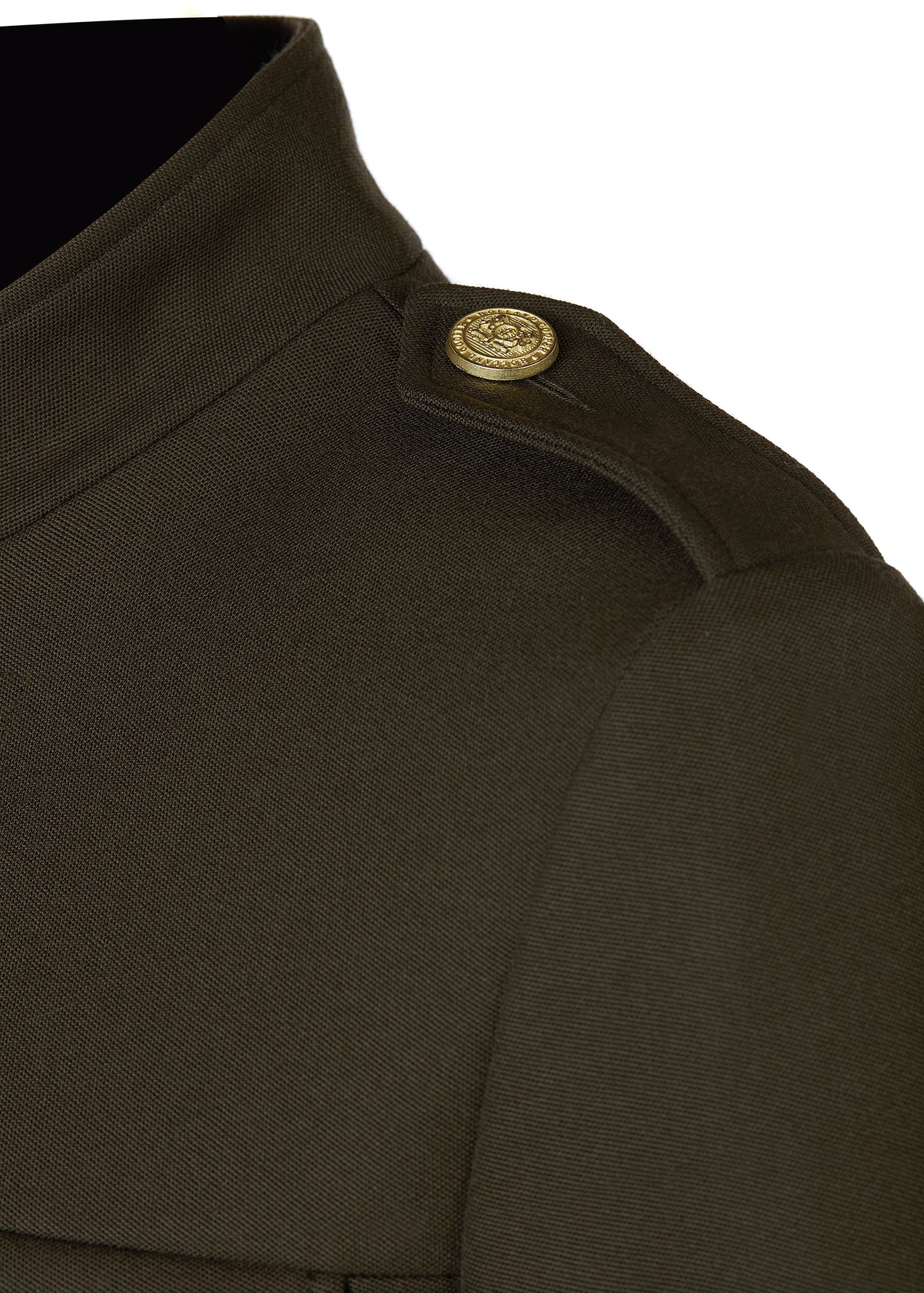 shoulder detail of Womens khaki front buttoned tweed cape coat