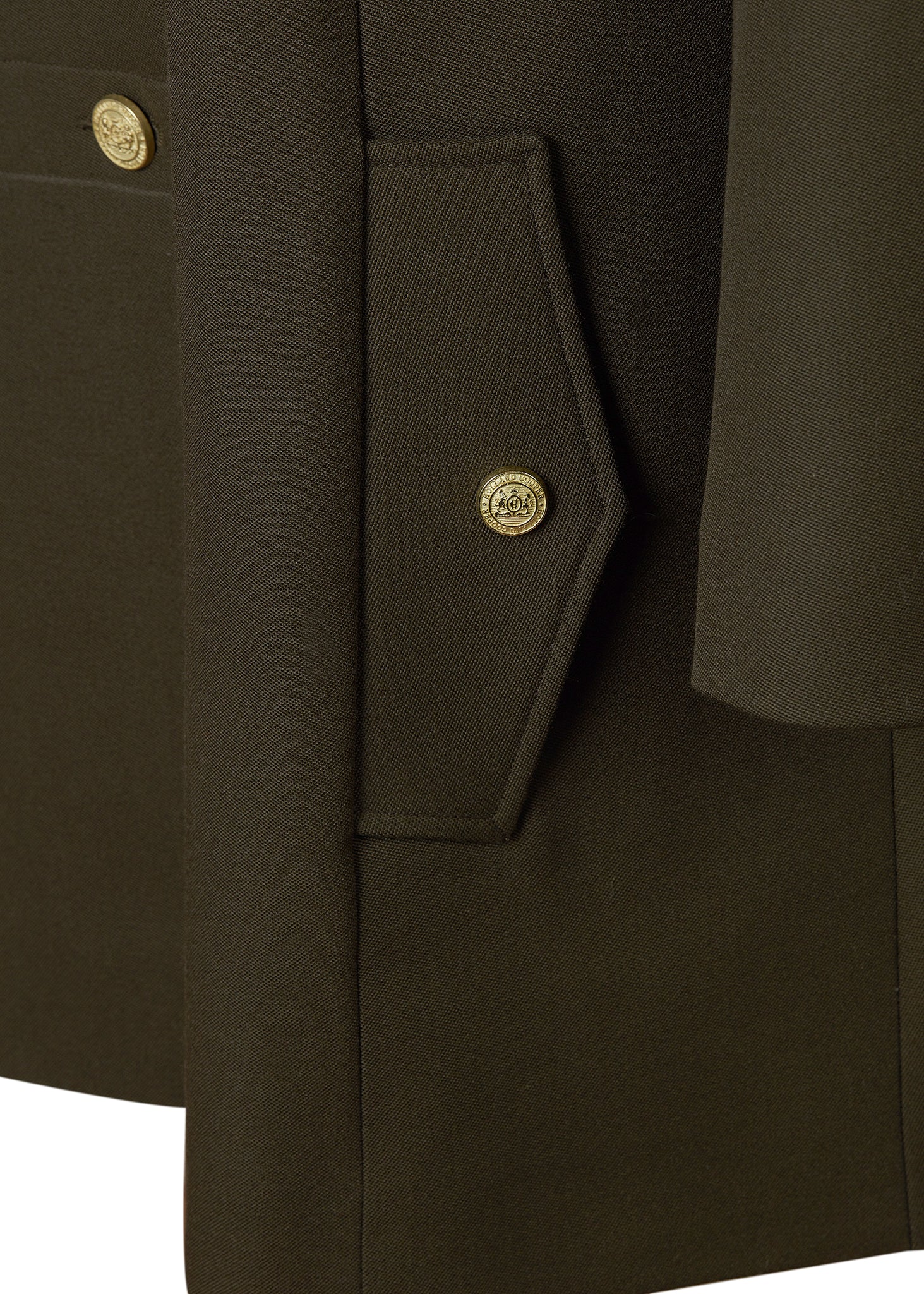 Pocket detail of Womens khaki front buttoned tweed cape coat
