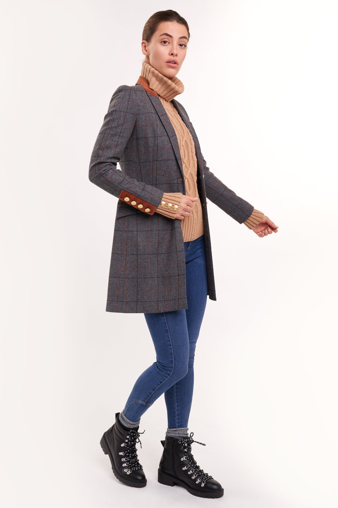 grey tweed womens coat with gold hardware and tan suede detailing