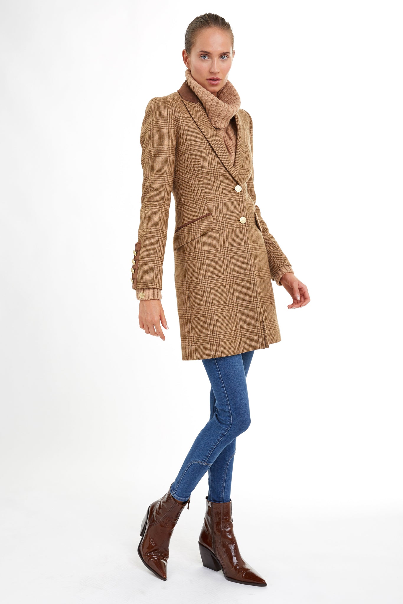 tan brown tweed womens coat with gold hardware and brown suede detailing