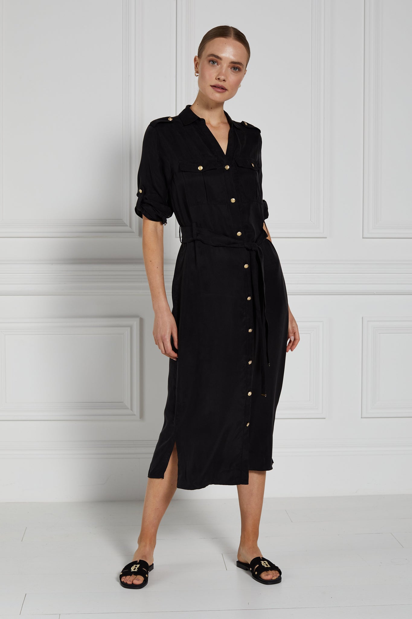 womens black military midi shirt dress with tie around waist and gold buttons down the front with black suede sliders