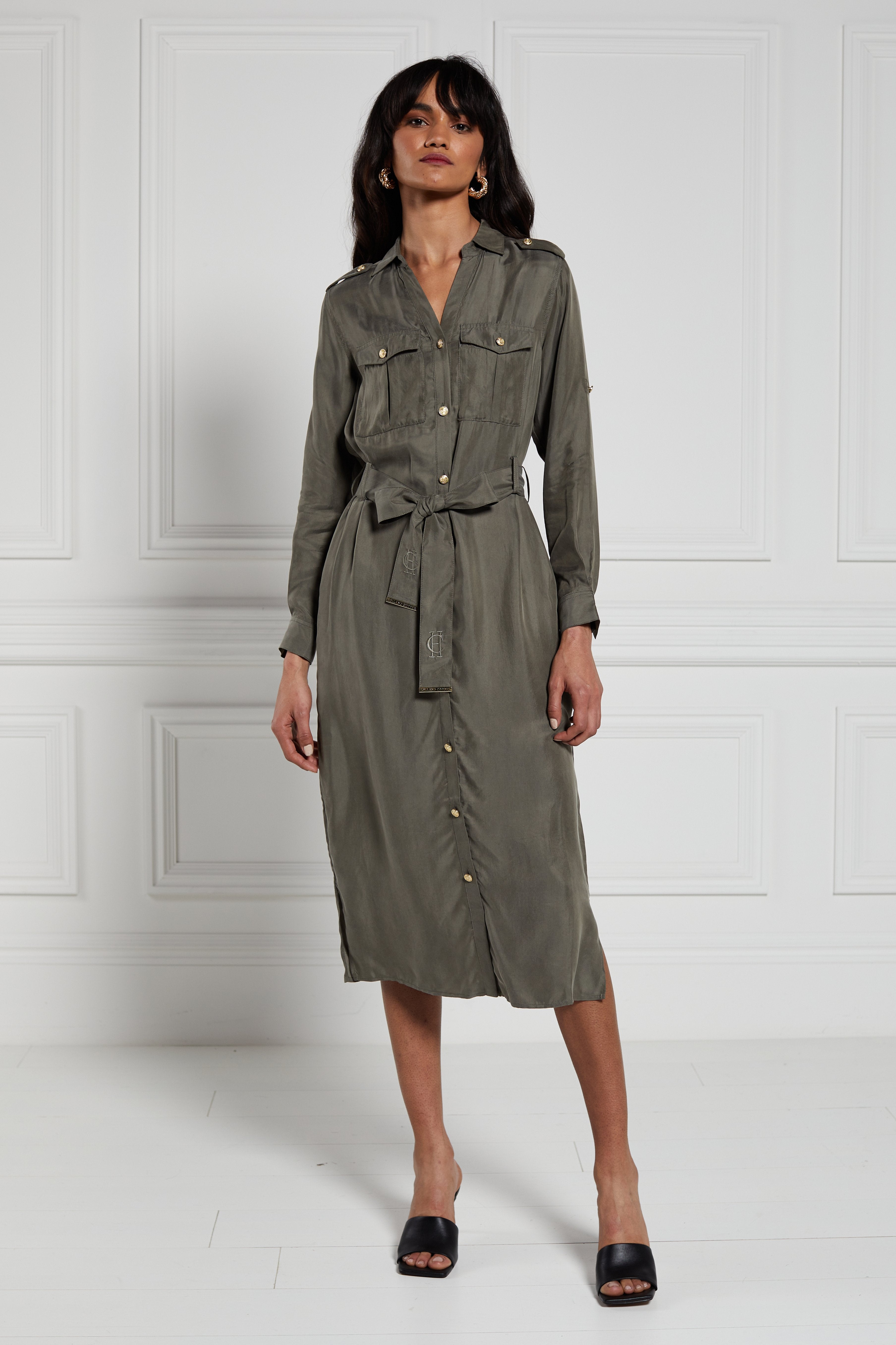 khaki midi shirt dress Women's Pintuck Detail Midi Shirt Dress, Khaki