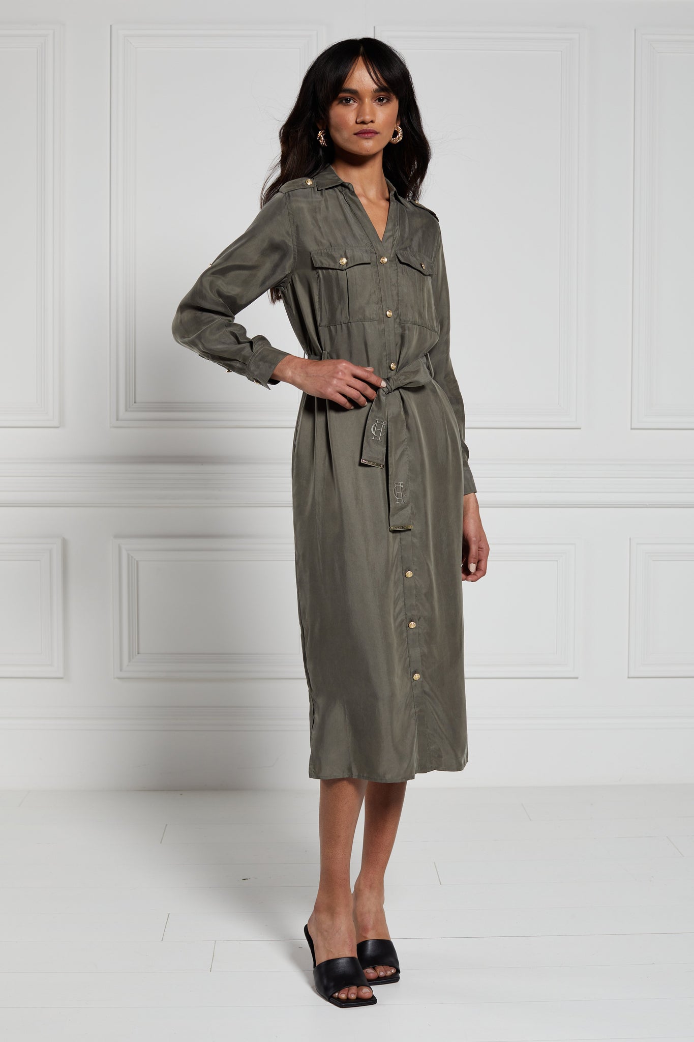 womens green military midi shirt dress with tie around waist and gold buttons down the front