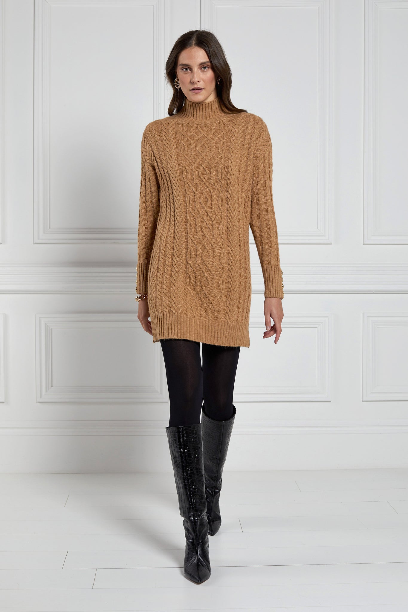 womens dark camel roll neck cable knit mini dress with ribbed cuffs and split ribbed hem with gold button details on cuffs