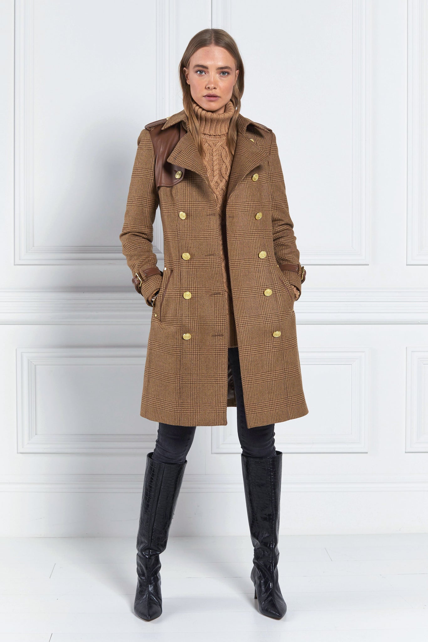 womens tawny light tan detailed with gold hardware knee length wool trench coat