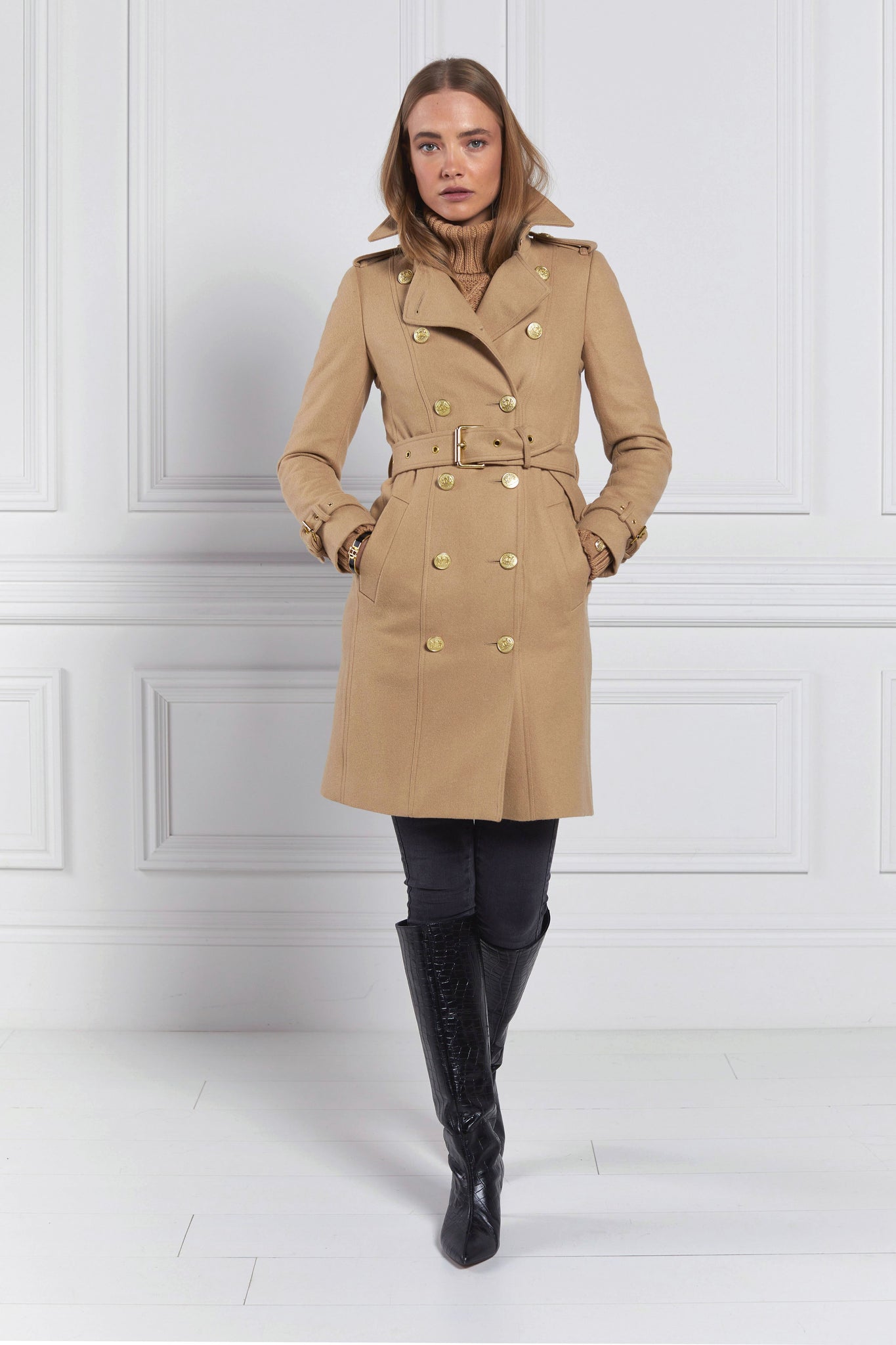 womens camel detailed with gold hardware knee length wool trench coat