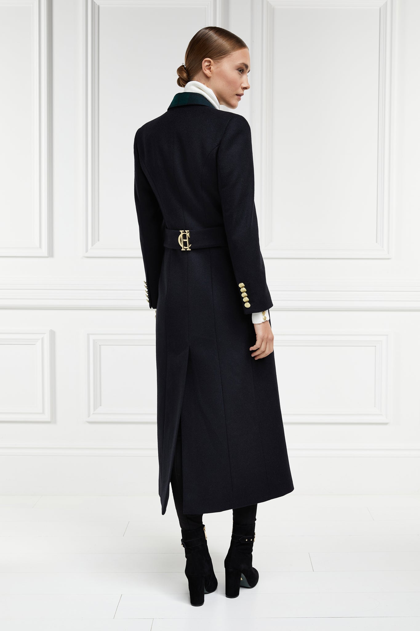 back of womens navy blue single breasted mid length wool coat with blackwatch lapel