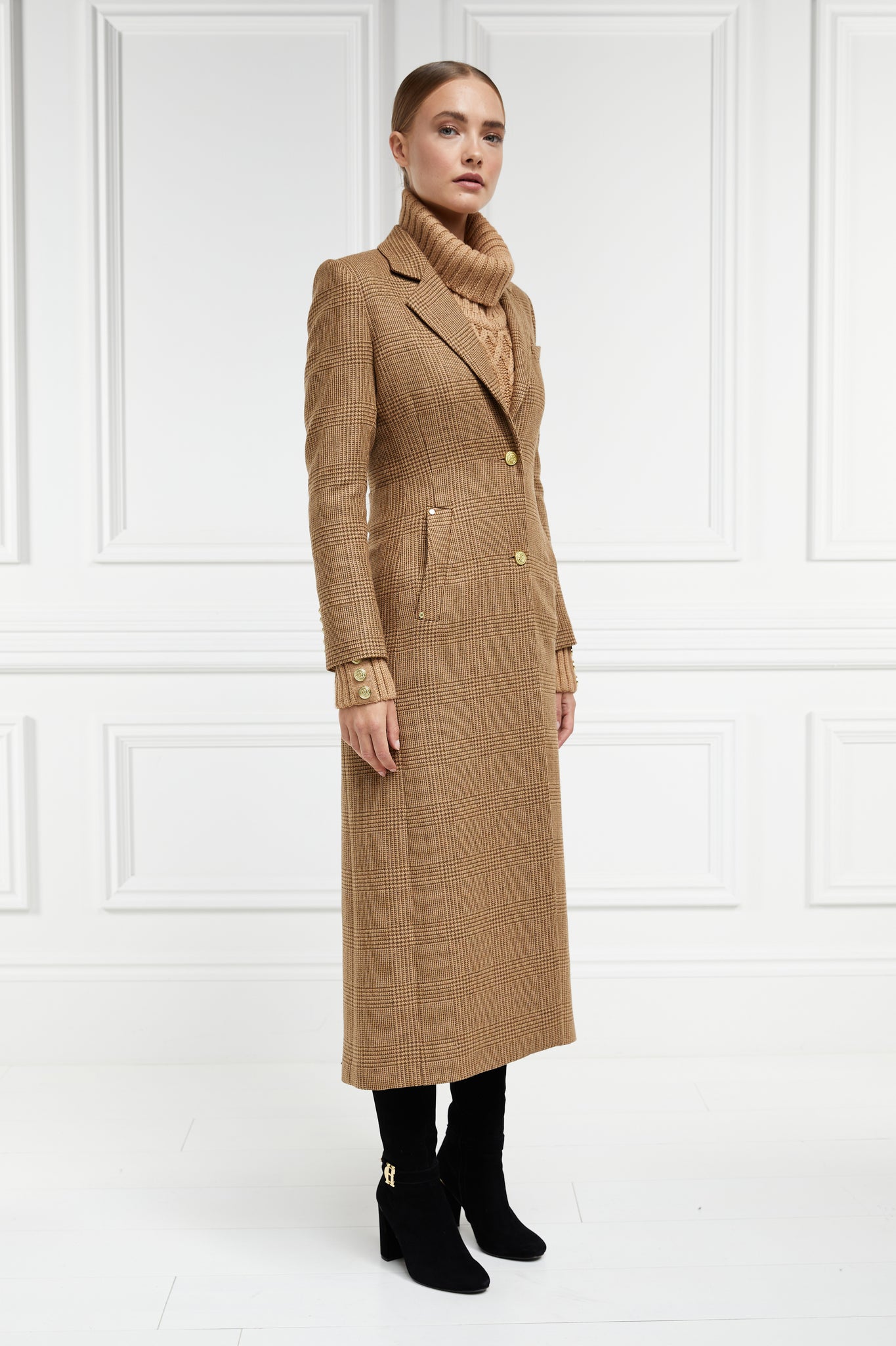 womens brown check single breasted full length wool coat